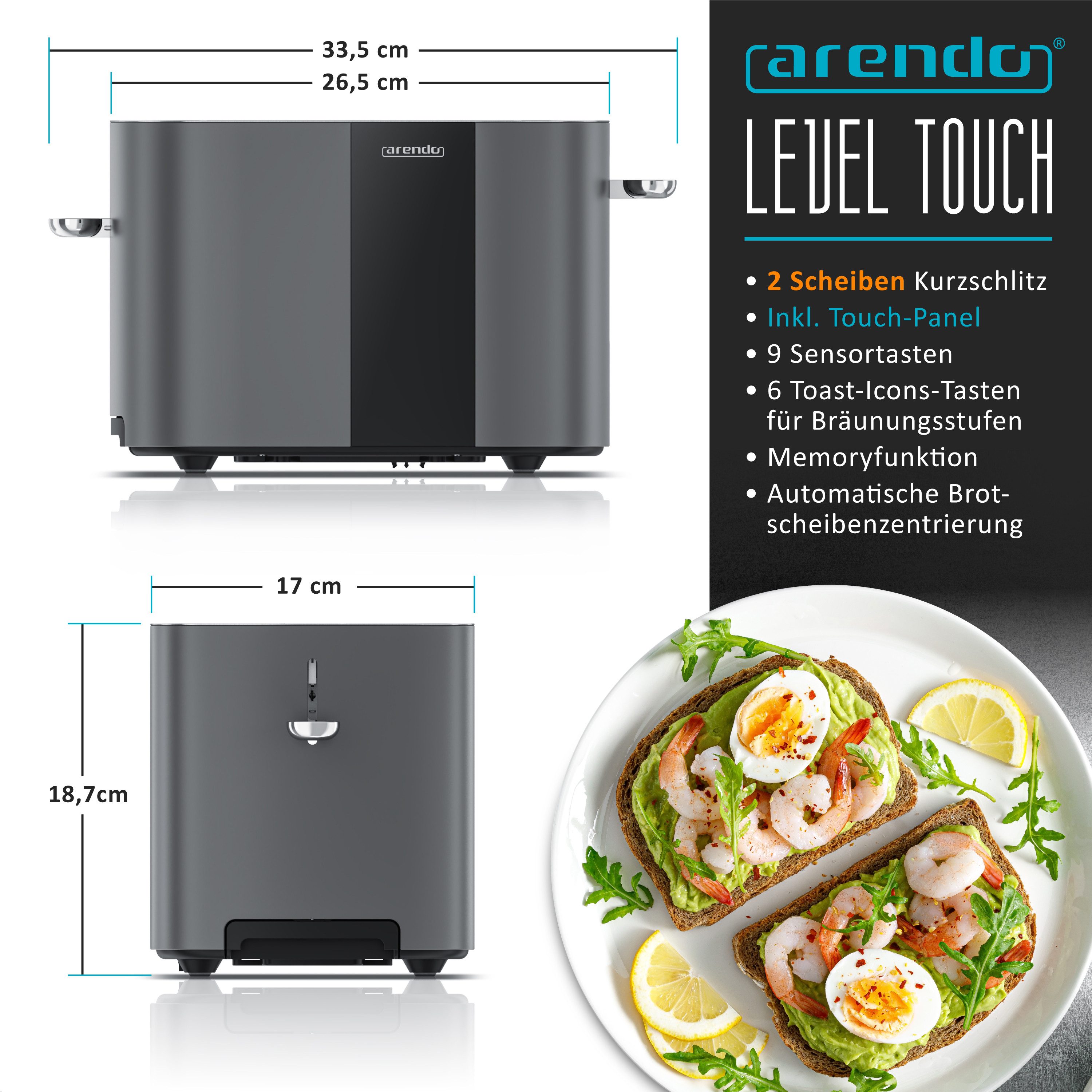 Toaster Edelstahl, Kurzschlitz, Touch Display, Restzeit & Bräunungsgradanzeige