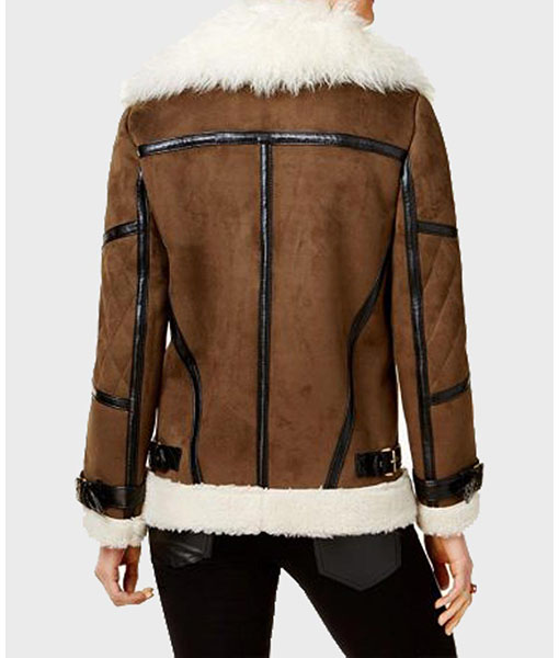 Womens Brown Faux Fur Asymmetrical Leather Jacket