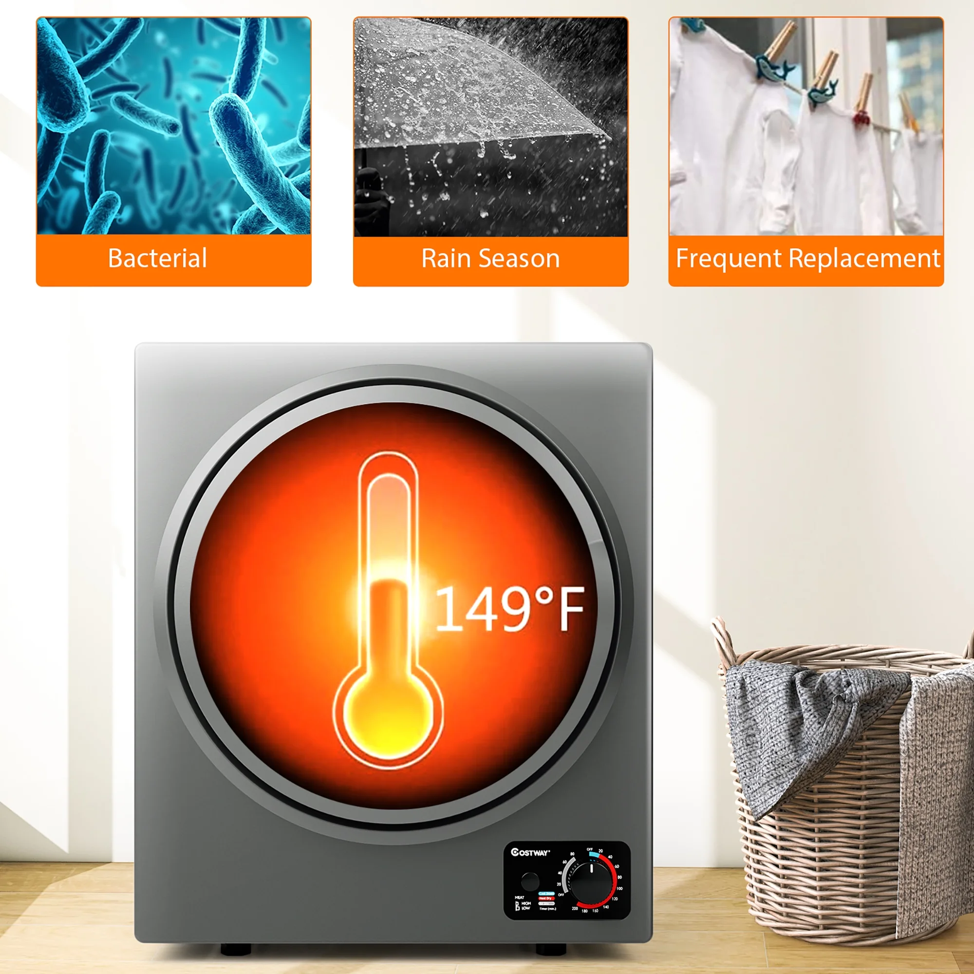 Costway Electric Tumble Compact Laundry Dryer Stainless Steel Wall Mounted 1.5 cu .ft.