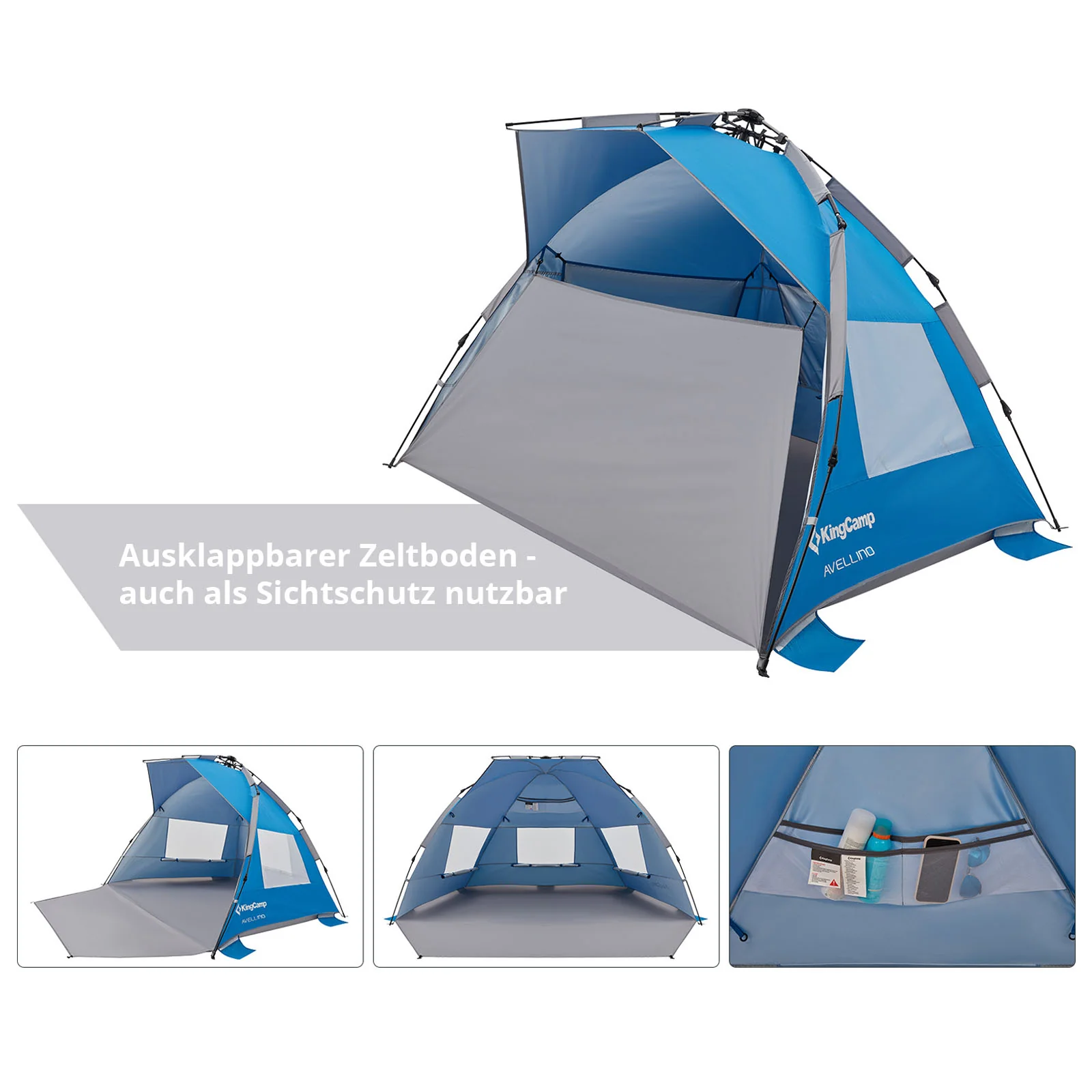 2025 KingCamp Avellino Tenda da spiaggia automatica – Protezione solare UPF50+, protezione da vento e privacy con struttura idraulica, sacchi di sabbia e finestre in rete