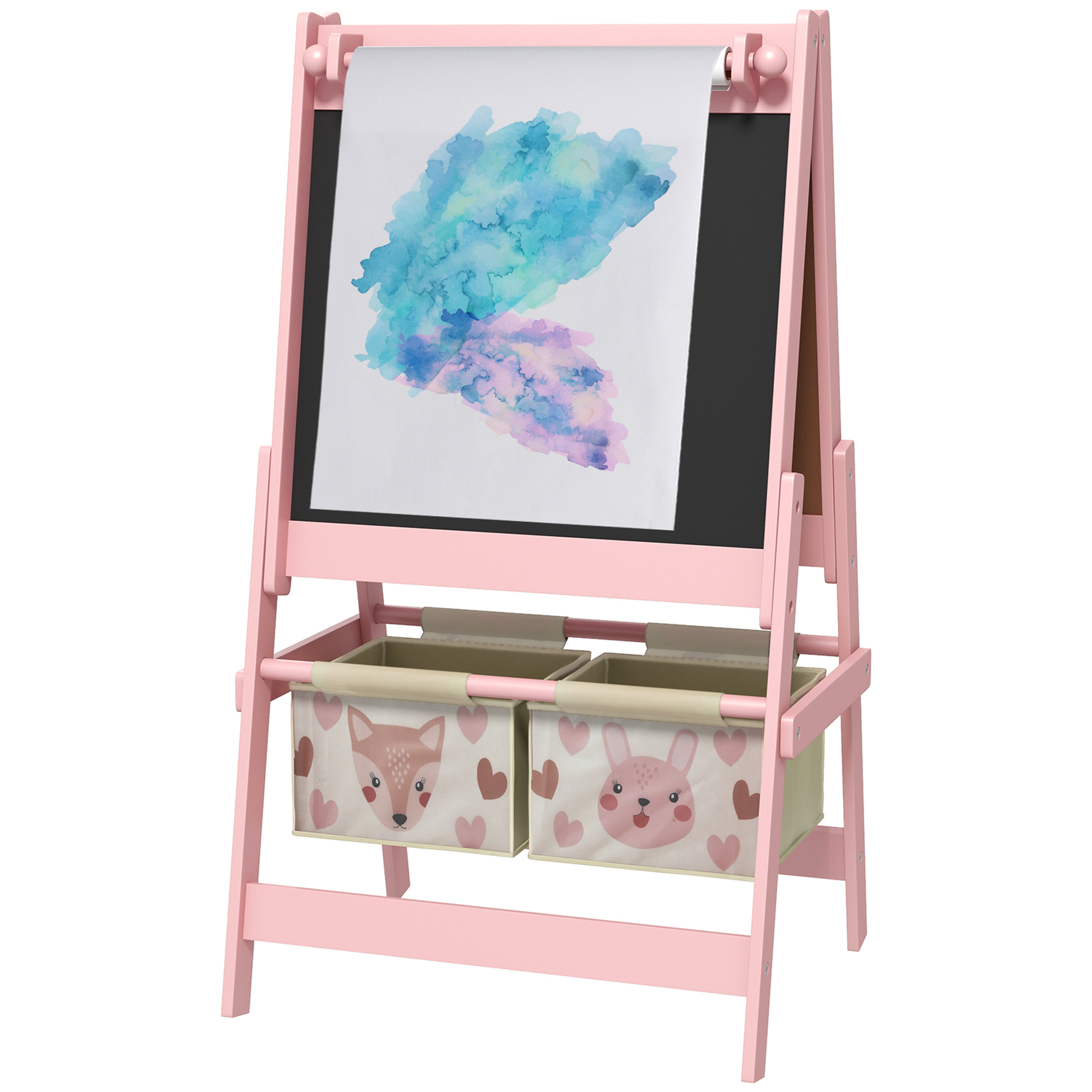 AIYAPLAY 3-in-1 Kinder Staffelei mit Papierrolle, Kreidetafel, Whiteboard, Aufbewahrungskörbe, 54 x 46,5 x 93 cm, rosa