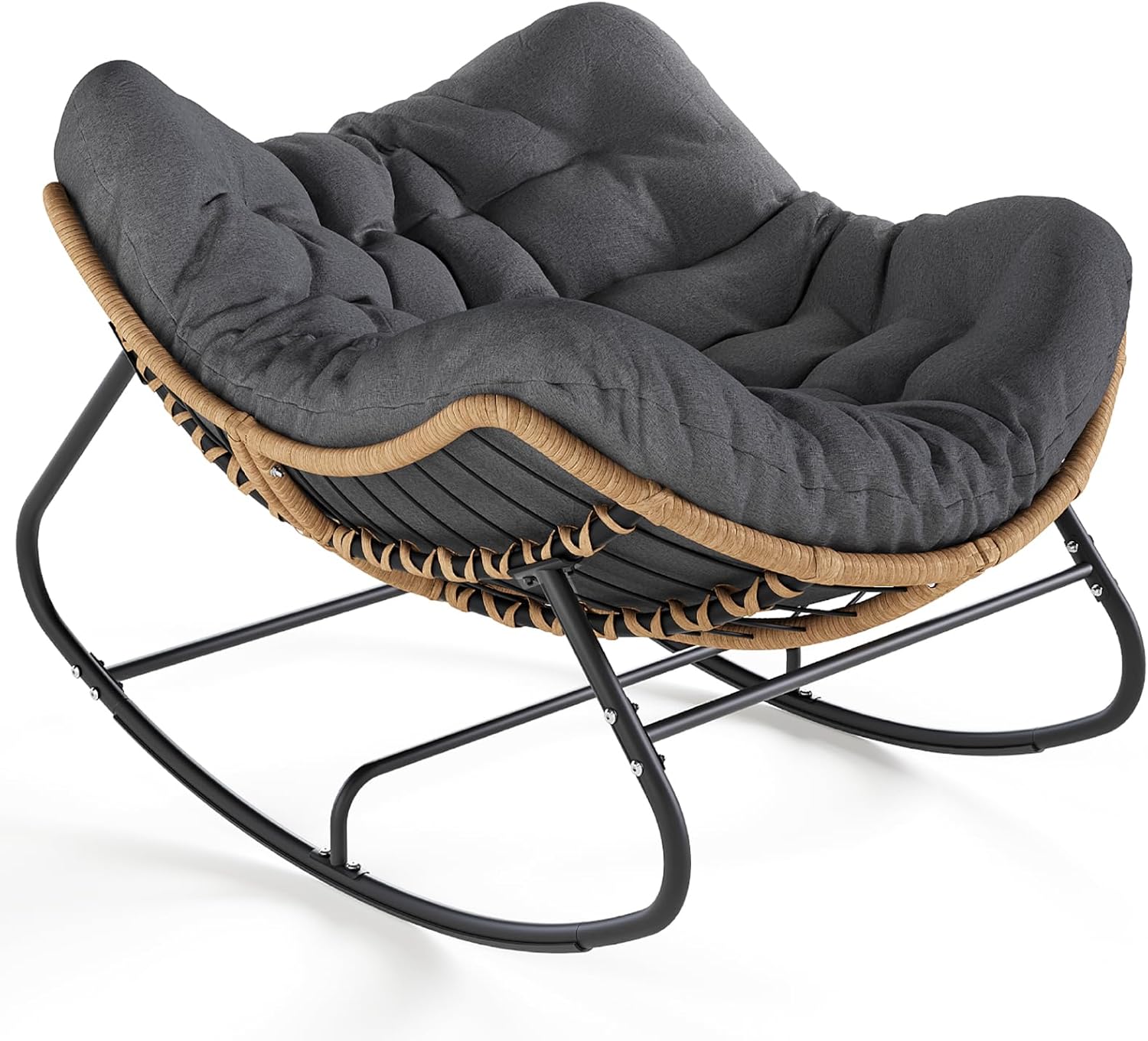 SWITTE Outdoor Rocking Chair  Oversized Patio Papasan Rocker  Comfy Wicker Reading Lounge  Indoor Egg Chair for Bedroom  Living Room  Porch  Garden  Lawn-Dark Grey