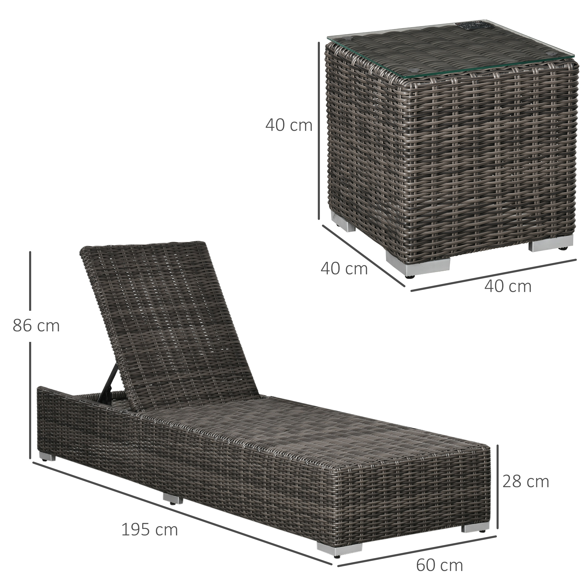 Outsunny poly rotan ligstoel met bijzettafel verstelbaar 60 x 195 x 86 cm
