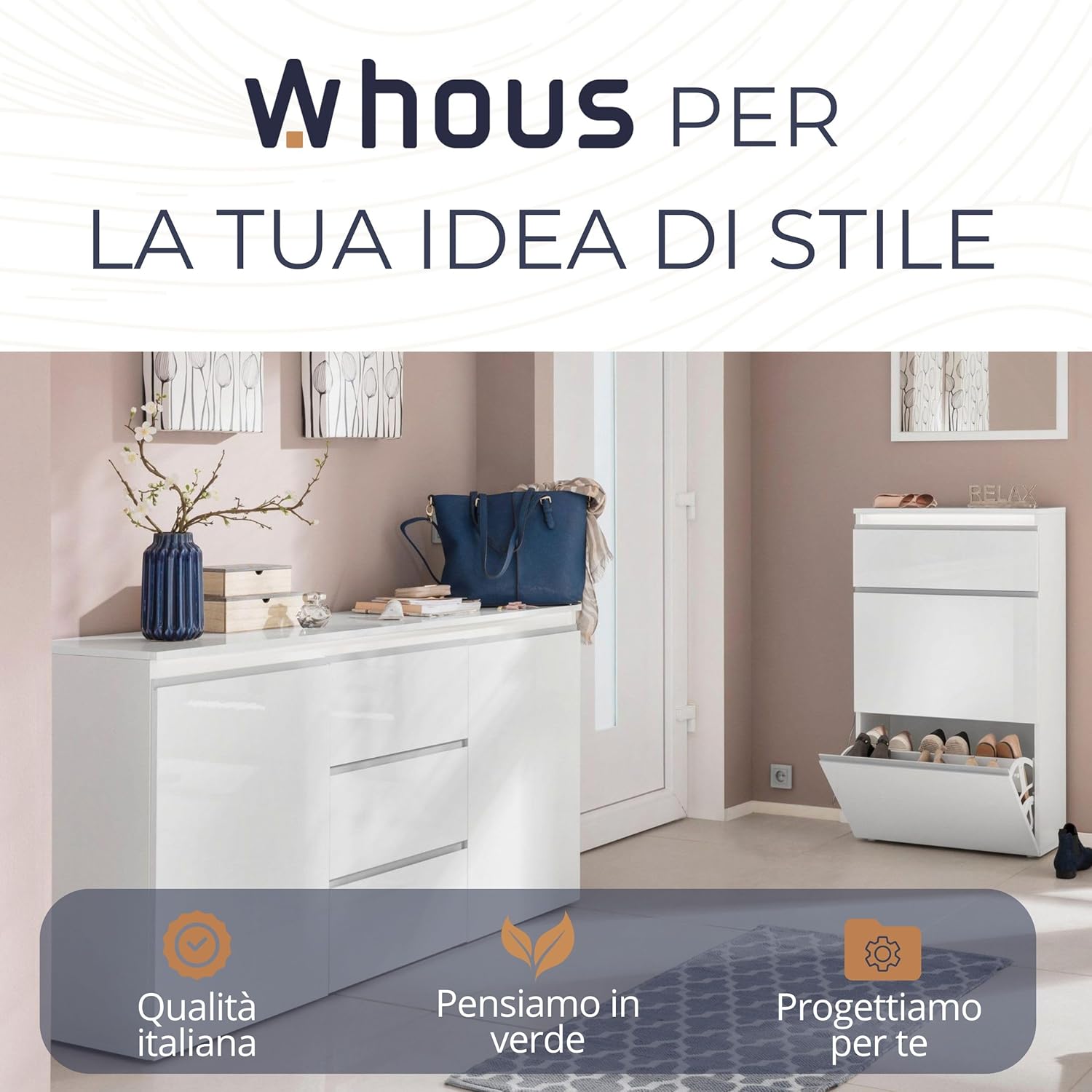 WHOUS Credenza MAGIC per Soggiorno con 2 Ante e 3 Cassetti, Madia per Salotto e Sala da Pranzo in Legno, 150x40x80 cm, Bianco Lucido