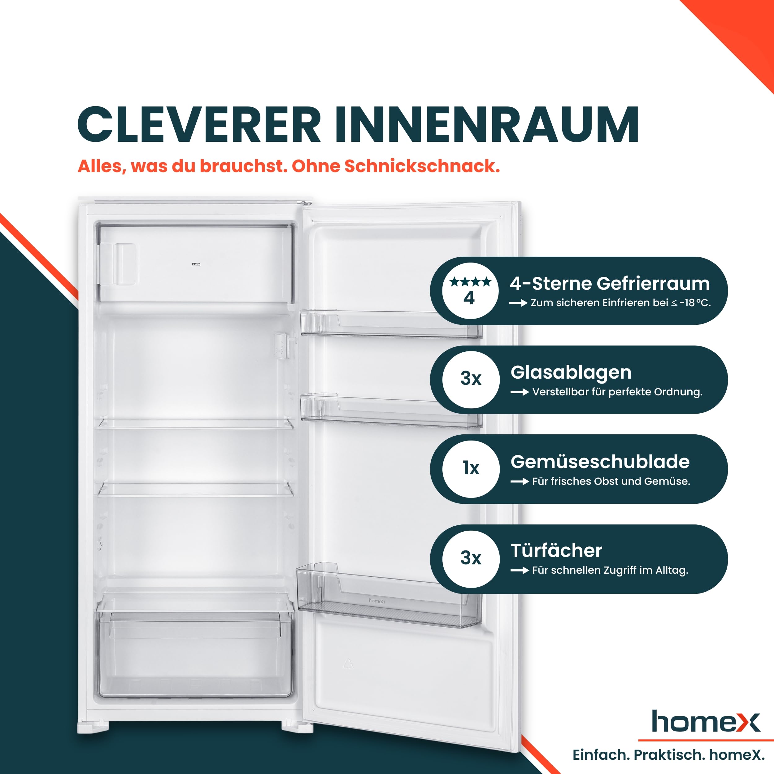 Einbaukühlschrank mit Gefrierfach 181 Liter, 122 cm Nische, 167 L Kühlraum und 14 L Gefrierraum, Schlepptürtechnik