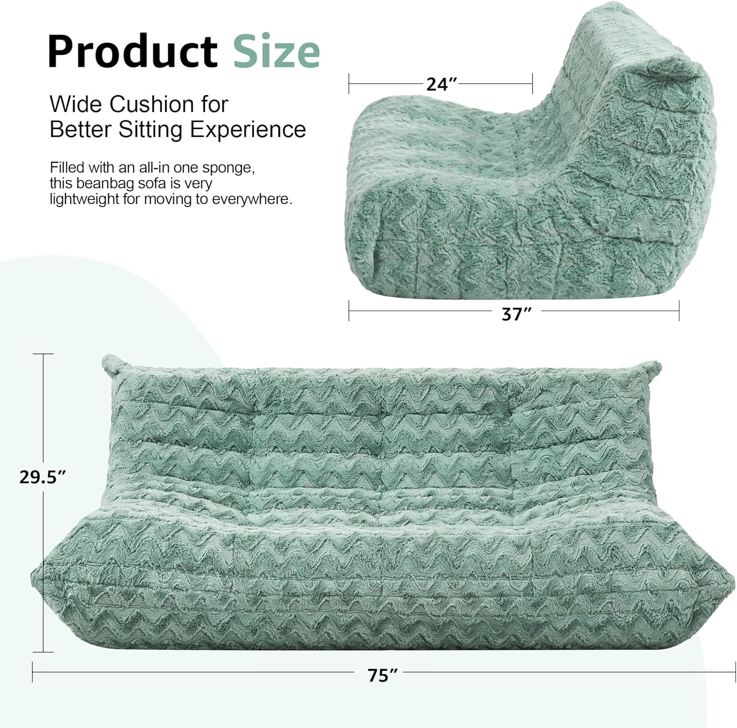 Bean Bag Chairs for Adults Giant Bean Bag Chair Memory Foam BeanBag Chair Bean Bag Sofa with Filler Faux Fur Fireside Beanbags Lazy Sofa for Living Room Bedroom Office (Green Chevron, 3-Seater)