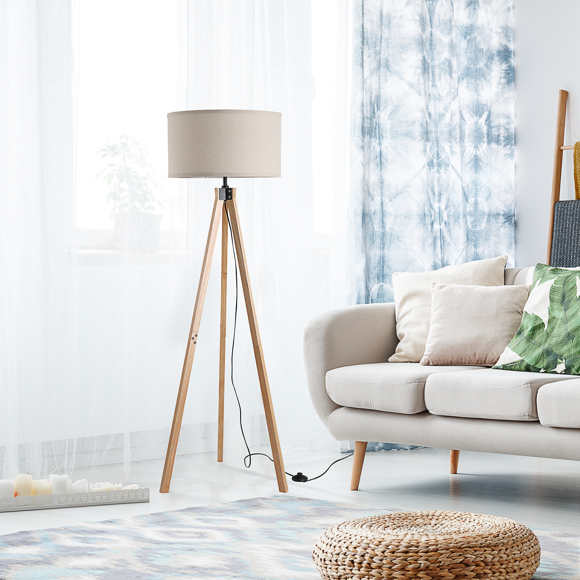 HOMCOM Stehlampe im skandinavischen Stil 40 W max. Abmessungen Ø 45L x 45B x 152H cm aus Pinienholz Leinen beige