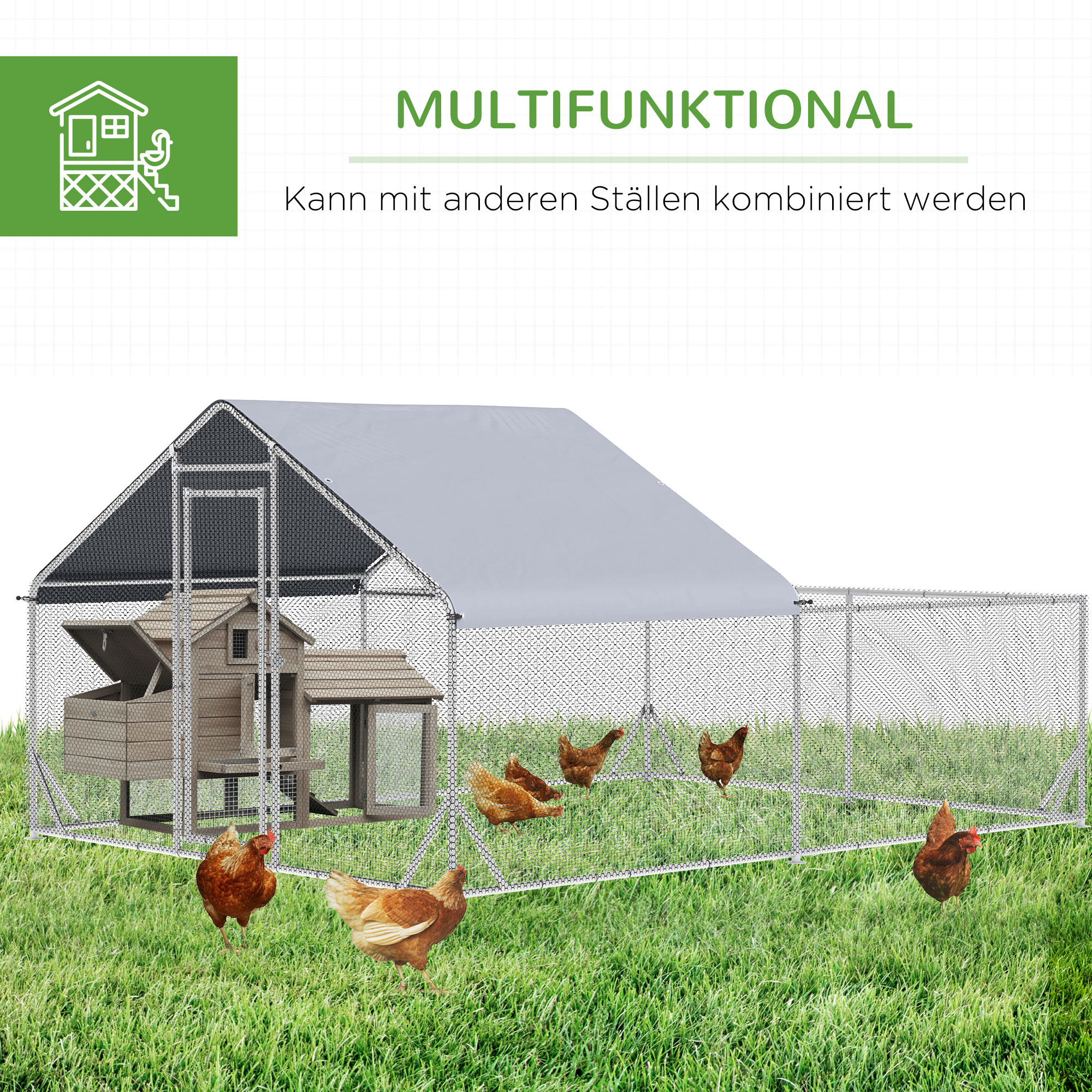PawHut kippenhok buitenren, 400 x 300 x 195 cm kippenhok met beschermdak