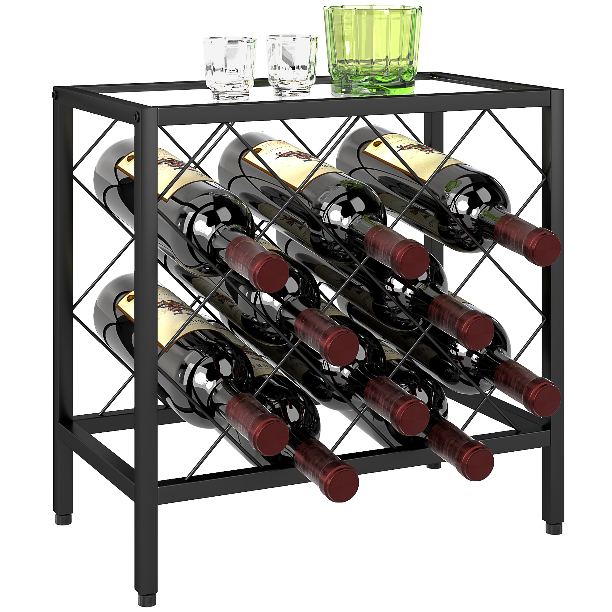 HOMCOM Weinflaschenhalter für 10 Flaschen aus mattem Schwarzstahl mit Ablage aus gehärtetem Glas, 41x22x41 cm