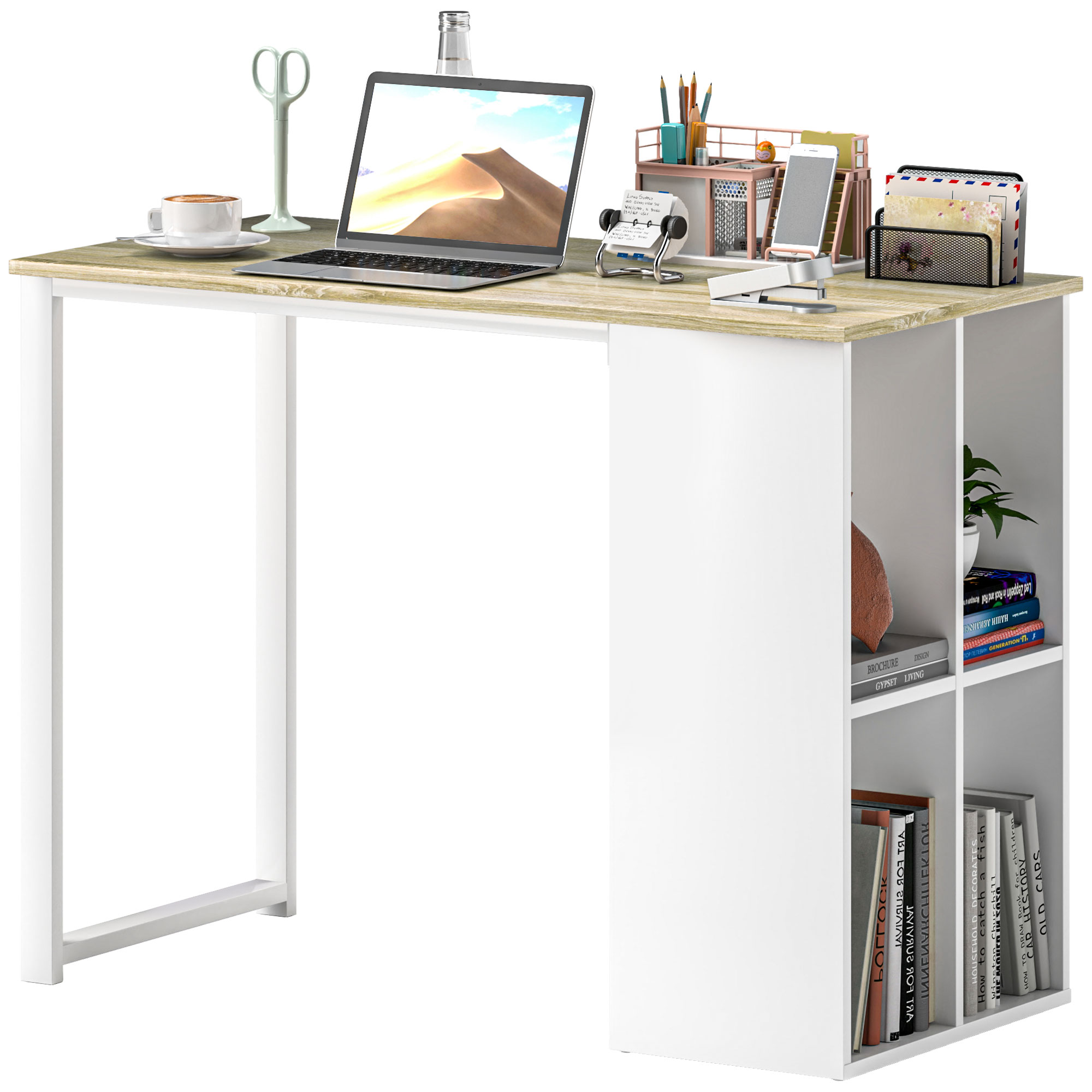 HOMCOM Kompakter Computertisch, Moderner Schreibtisch mit Stauraum-Fächern, für kleine Räume, 100 x 54 x 75 cm, Weiß