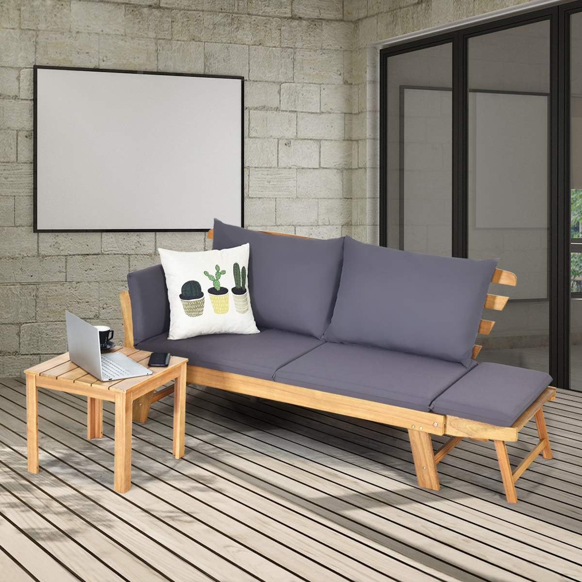 GIANTEX Gartenbank mit Liegefunktion, Gartensofa mit klappbaren Seitenlehnen, Balkonbank mit Auflagen, Sitzbank Outdoor aus Akazienholz, Loungesofa 3-Sitzer, Liegesofa für Balkon Garten Terrasse | 3-in-1-Design