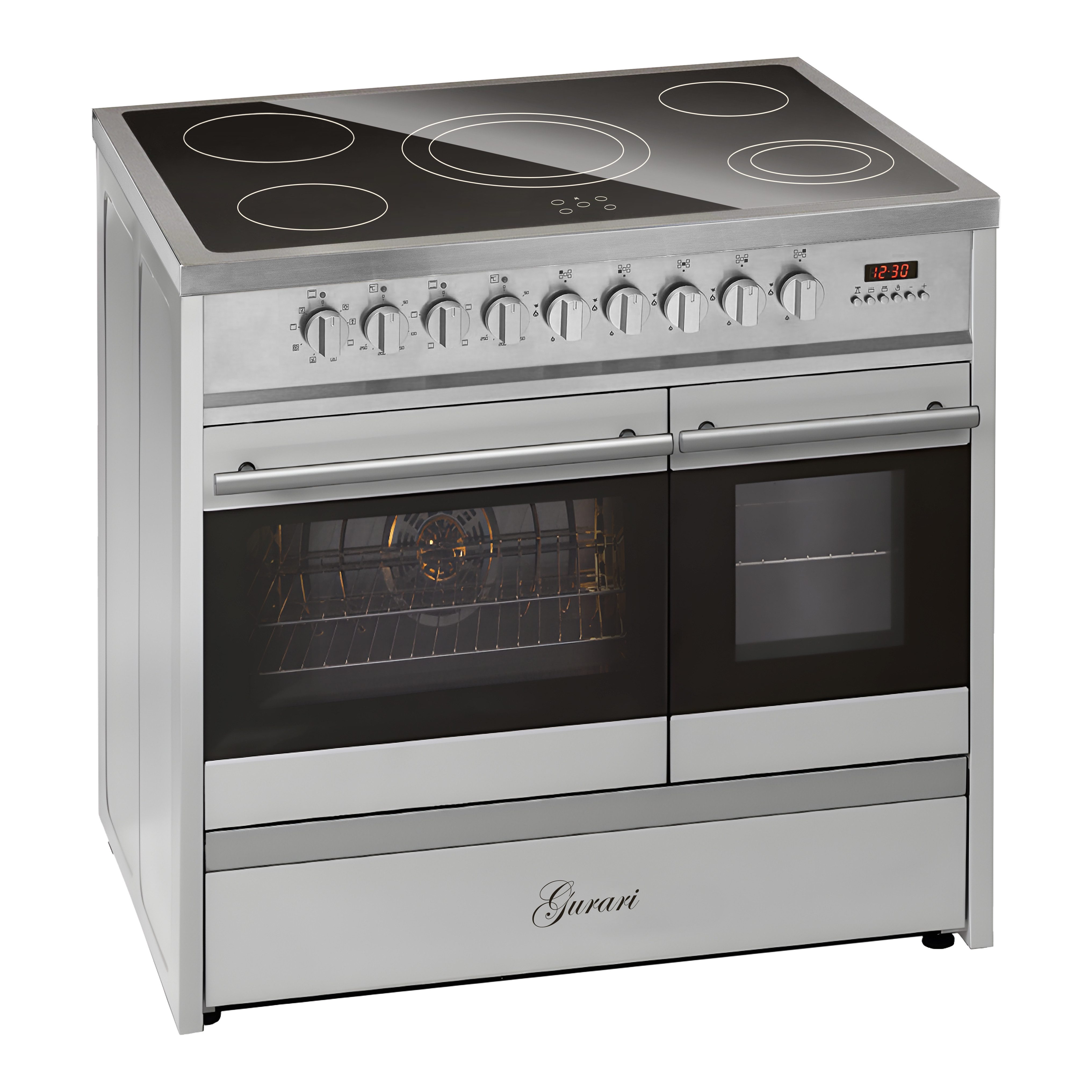 Elektro-Standherd Glaskeramik Herd 90 cm Edelstahl Range Cooker Elektro Doppelbackofen mit Dunstabzugshaube 90 cm 1000m³/h GCH E 912 DF X+GCH C 046 IS 9 N