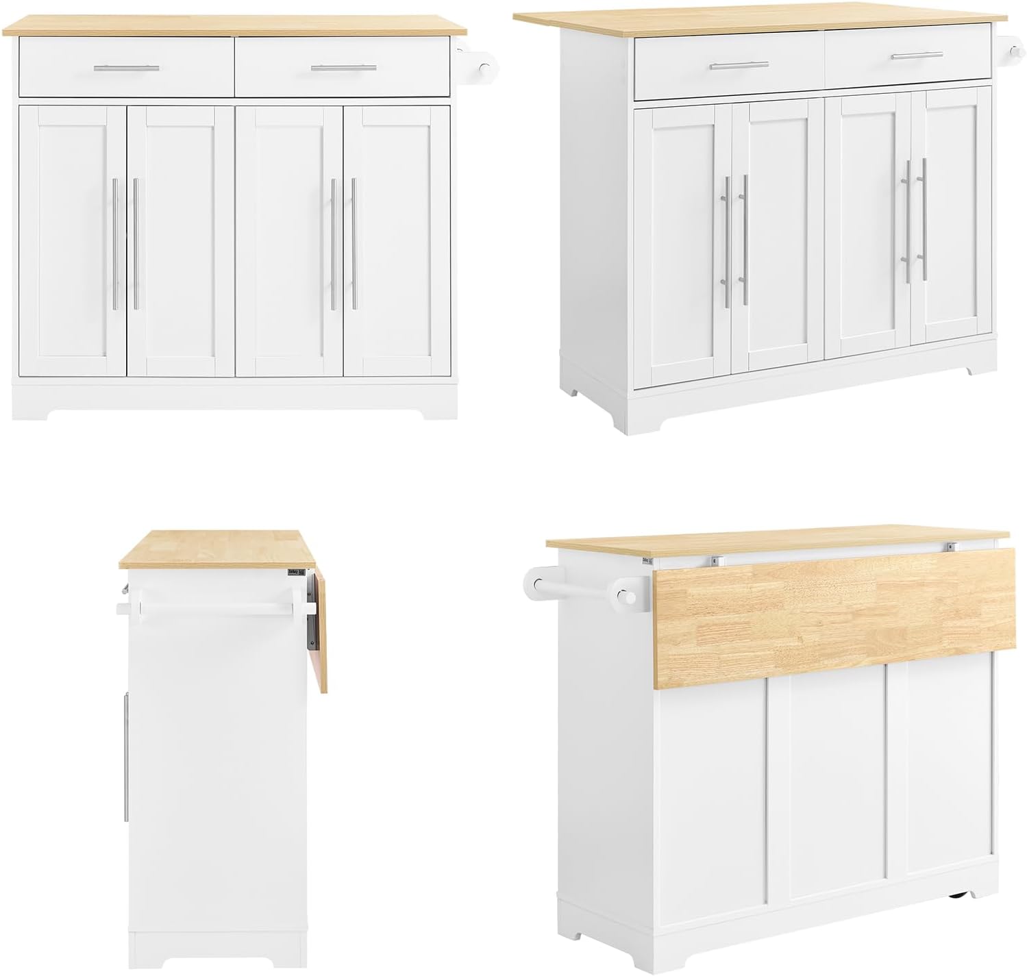 SoBuy Carrello Cucina con Ruote, Isola Cucina con Piano di Lavoro Estensibile in Legno, 2 Cassetti e Ripiani Regolabili Credenza Cucina Salvaspazio Penisola Cucina Bianco 113x(44-69) x91 FKW129-WN