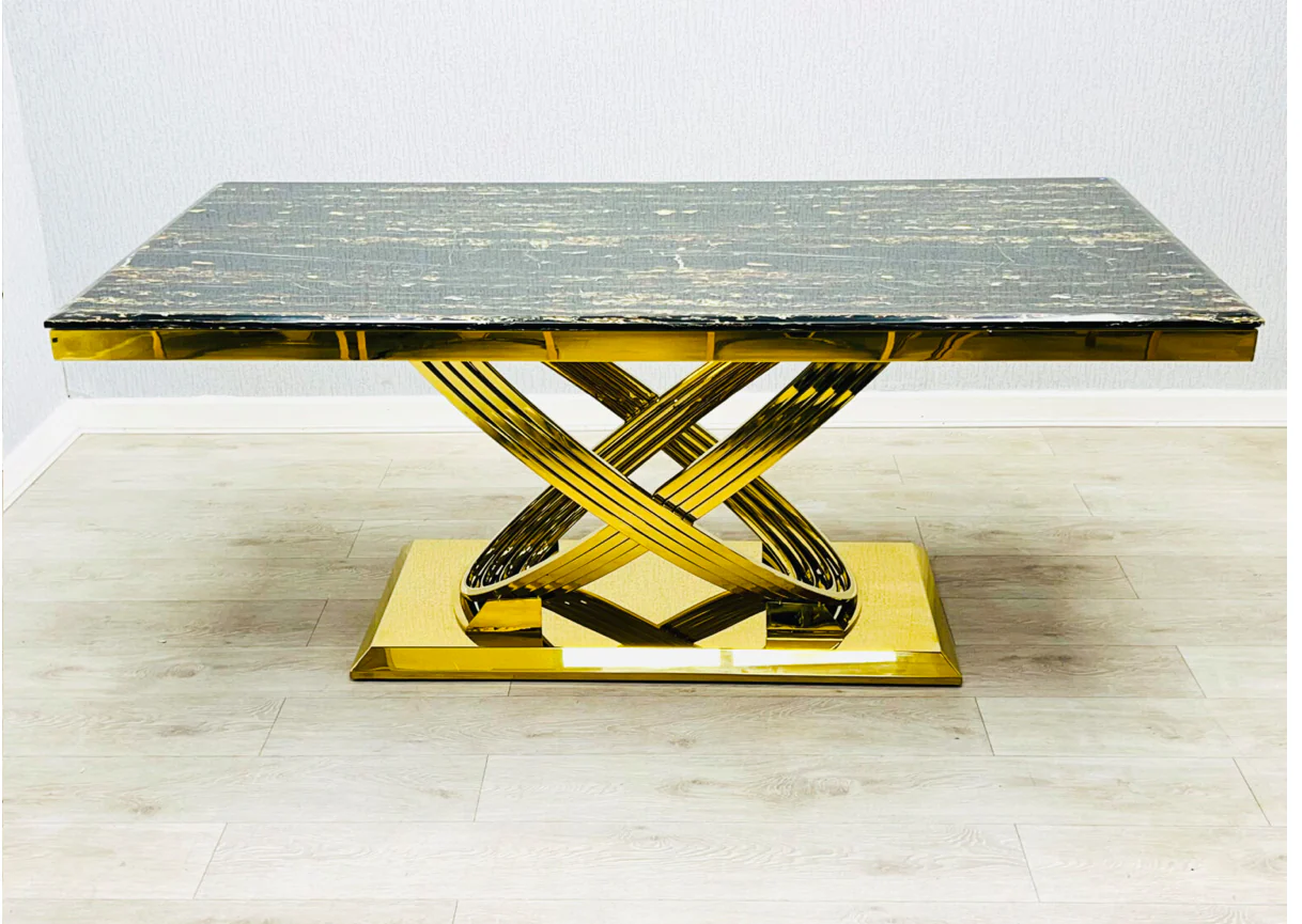 Rose 180cm Black And Gold Marble Dining Table Only