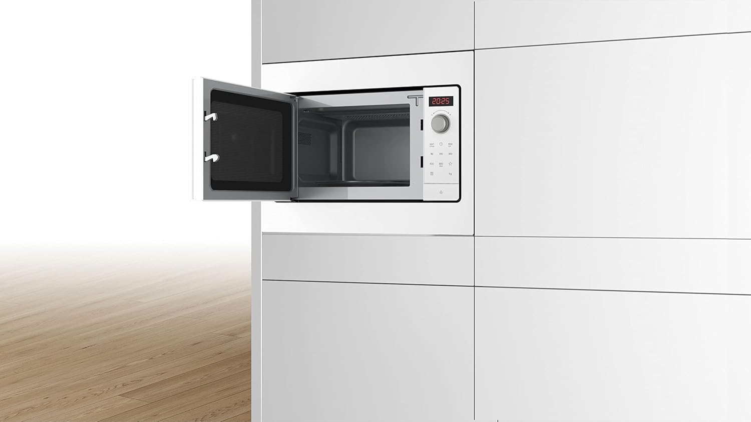 Bosch BFL523MW3 Serie 2 Einbau-Mikrowelle, 38 x 50 cm, 800 W, Drehteller 27 cm, Türanschlag Links, AutoPilot 7 7 Automatikprogramme, Reinigungsunterstützung, LED-Touchdisplay