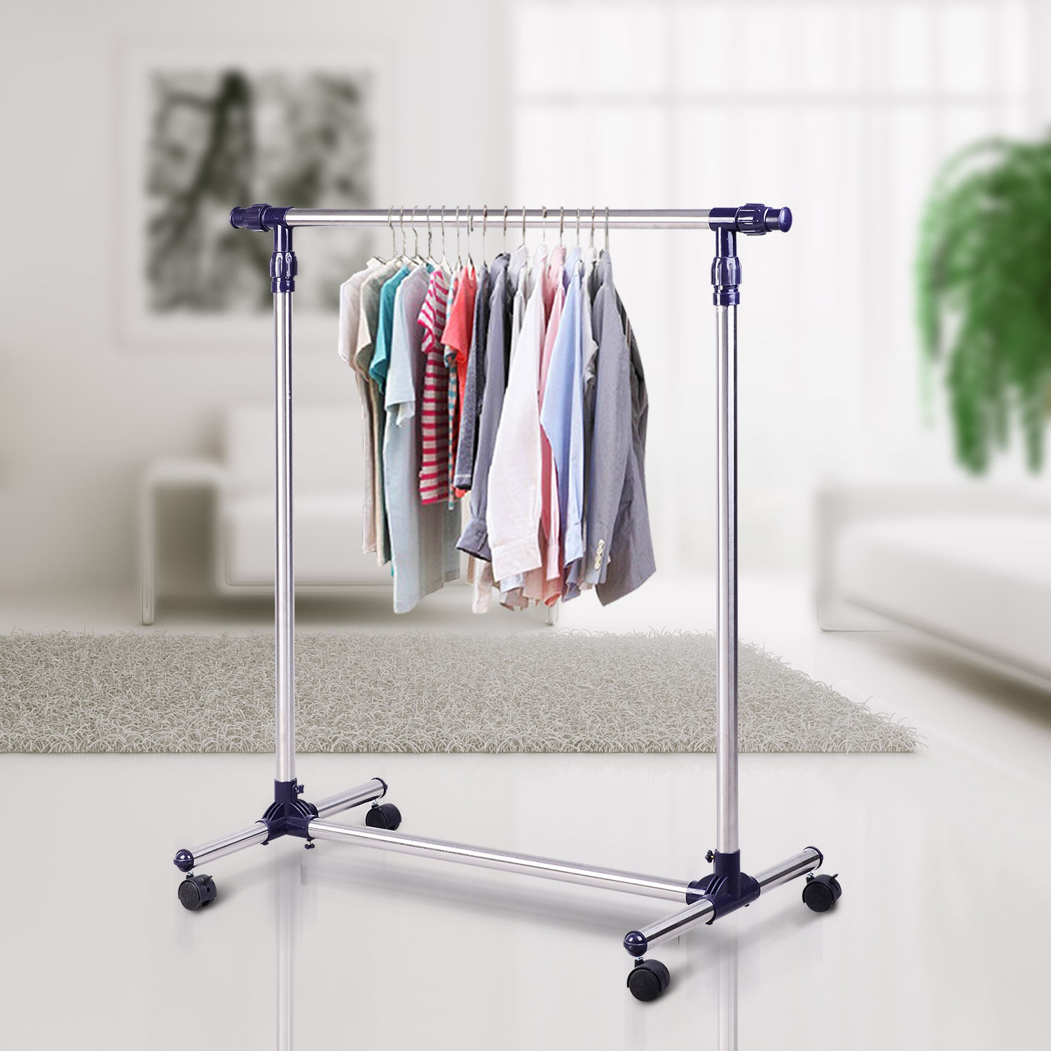 HOMCOM Garderobenständer Kleiderständer mit Rollen Höhenverstellbare und Ausziehbare Kleiderstange Wäscheständer Freistehender Garderobe für Eingangsbereich Edelstahl 86 x 45 x 95 cm