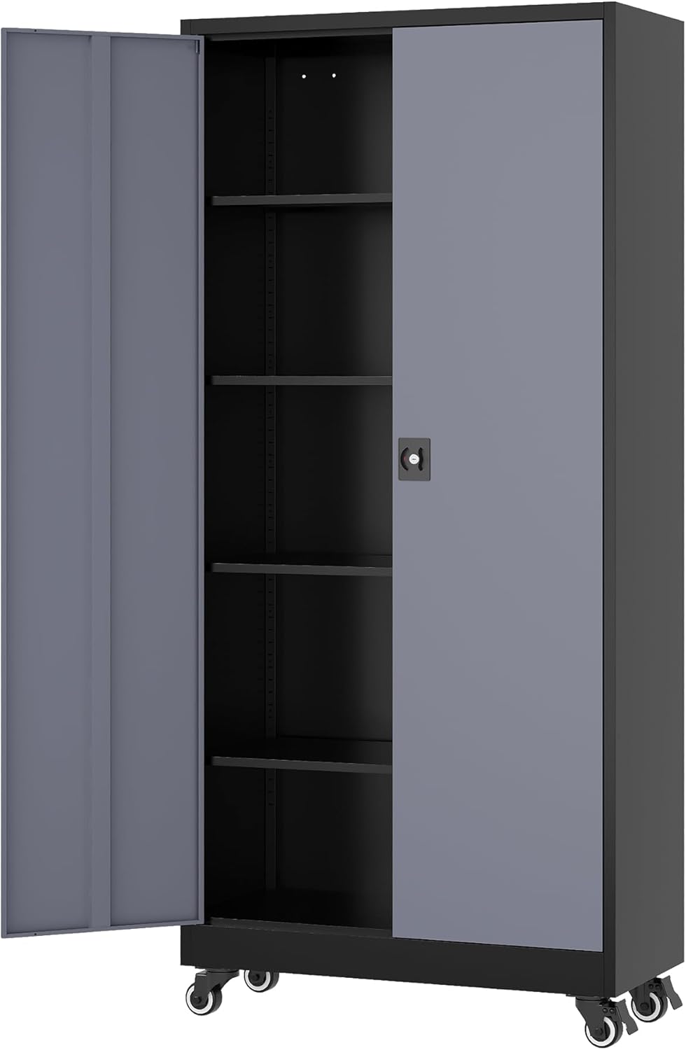 Metal Rolling Storage Cabinet-74.6” Tall Steel File Cabinets with Wheels Lockable Doors and Adjustable Shelves-Black & Gray Steel Storage Cabinet for Home, School, Office, Garage