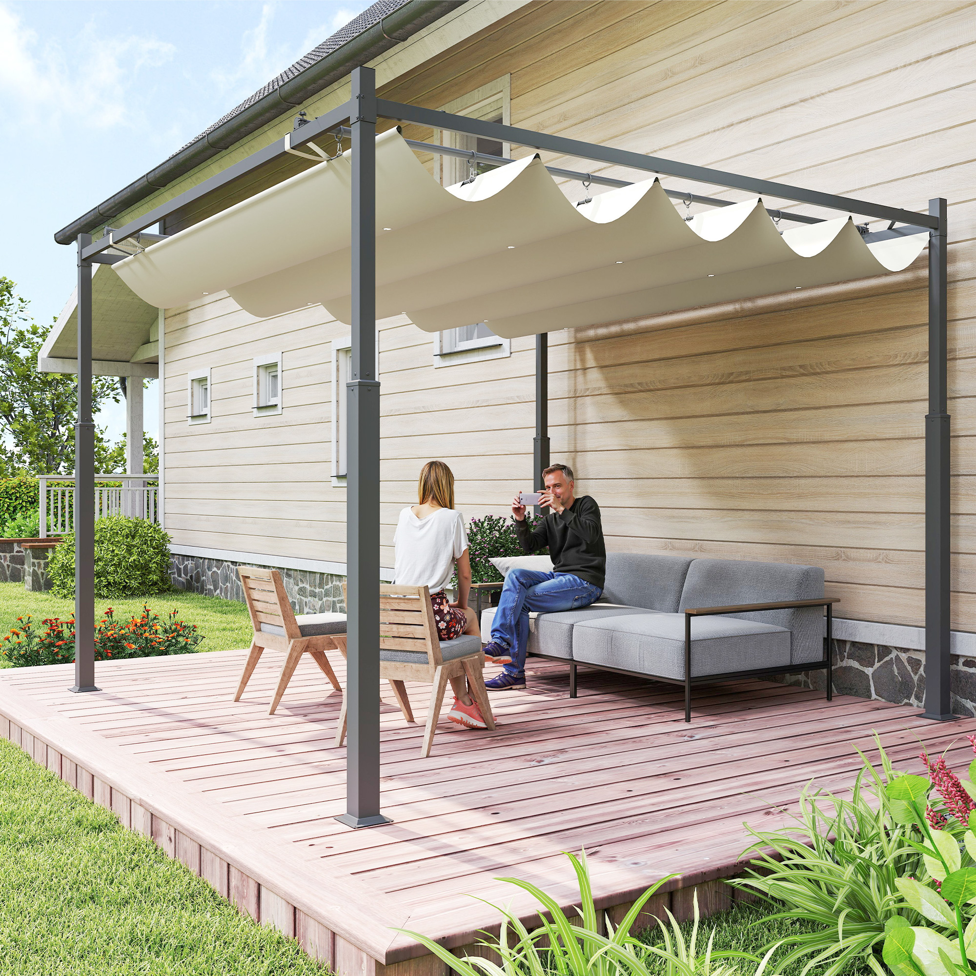 Outsunny Garten-Pergola, 3 x 3 m, Ausziehbares Dach und Magnetpad, Outdoor-Baldachin, Garten-Pavillon, UPF30+, Metall, Cremeweiß
