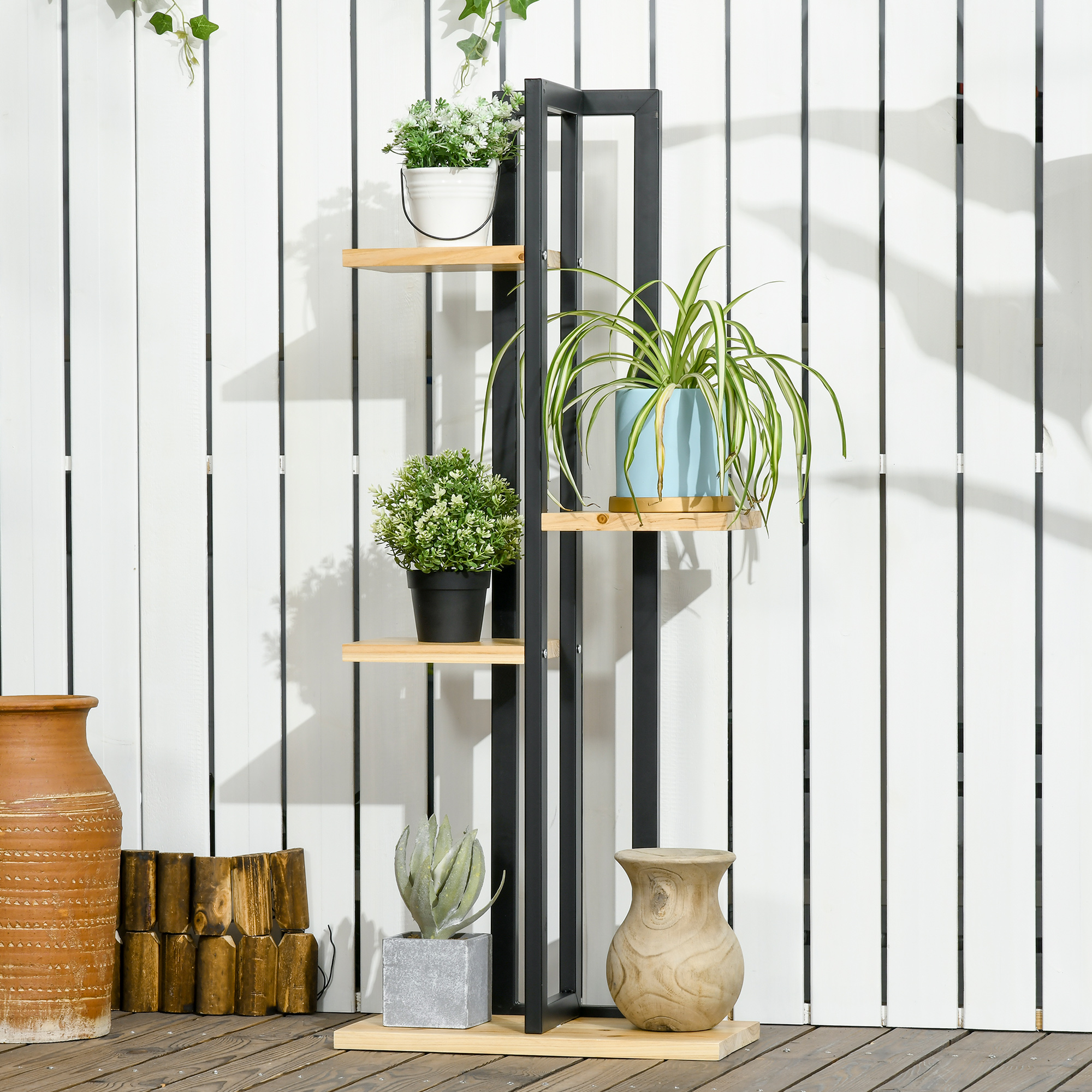 Outsunny 4-Etagen Pflanzenständer, Verstellbarer 110 cm hoch Blumenständer für Innen Außen Holz Schwarz+Naturholz