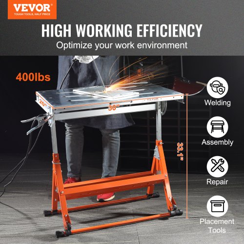 VEVOR Schweißtisch klappbar 76,2x50,8cm Werktisch 181kg Tragfähigkeit Höhenverstellbar von 63,5 bis 81,3cm Einstellbarer Winkel 0°/30°/90° Werkbank Kohlenstoffstahl Werkstatttisch mit Rädern
