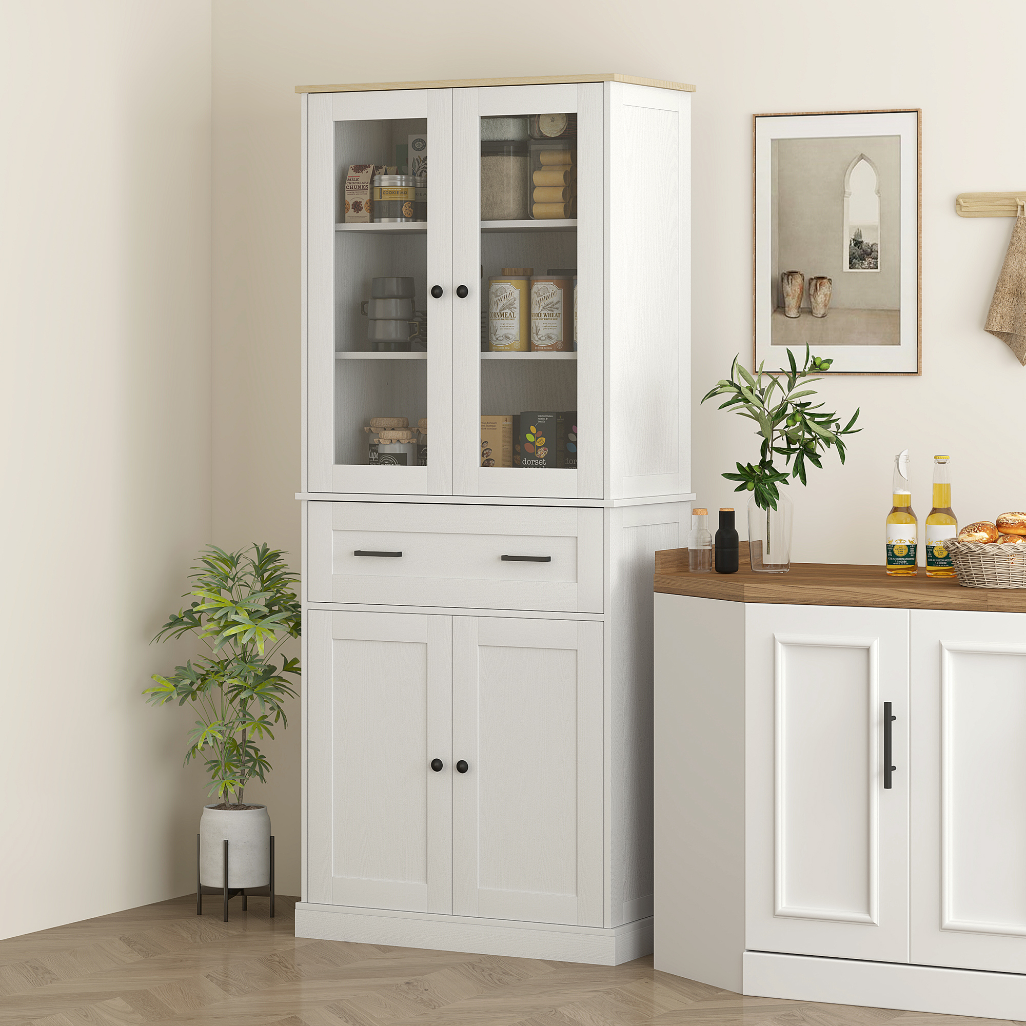 HOMCOM Küchenschrank, Buffet, Acrylfront, Schubladen, 76 x 40 x 182,5 cm, Cremeweiß