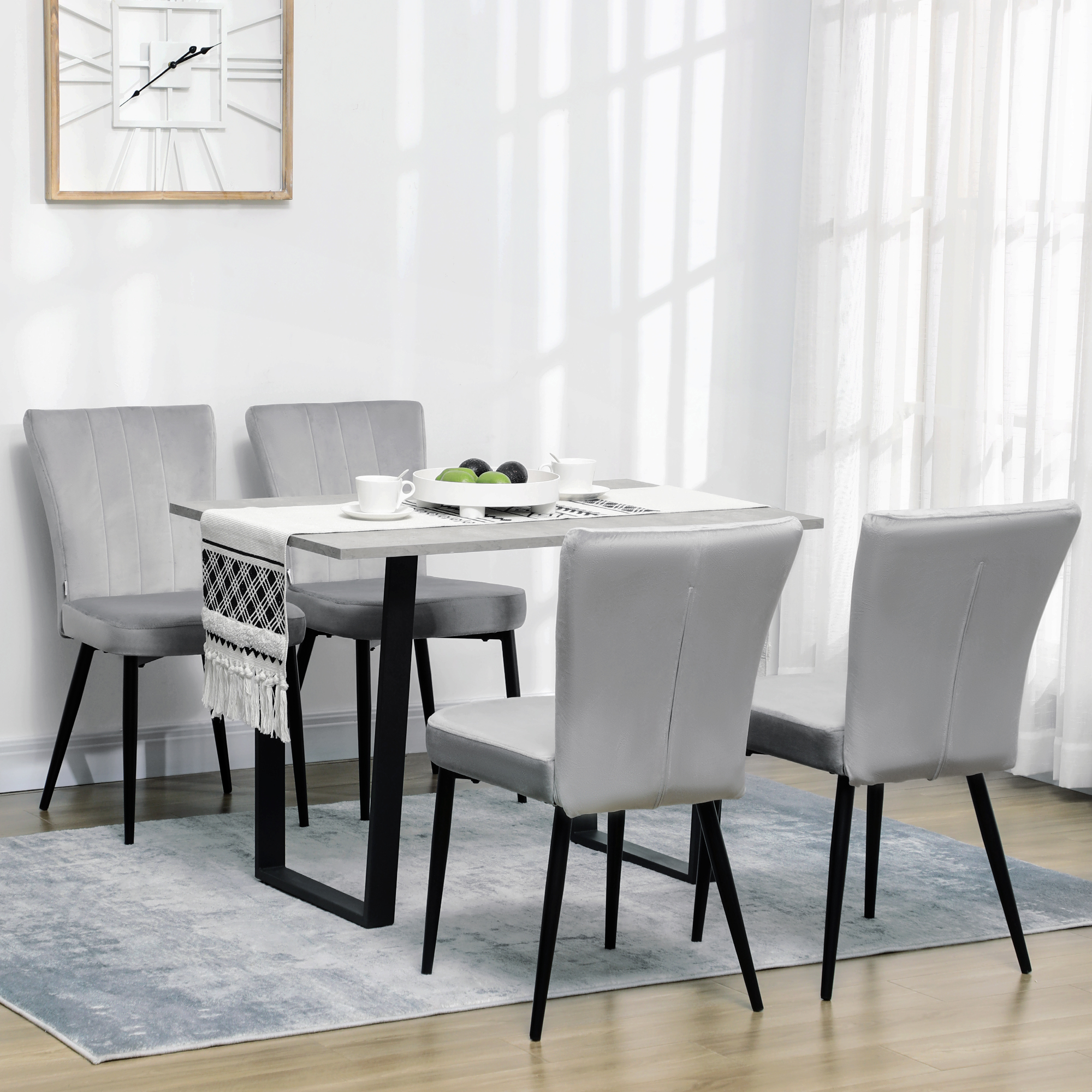 HOMCOM 4er-Set Esszimmerstühle, Akzentstühle für Küchen und Esszimmer, Stuhlset, Velours-Optik, Hellgrau+ Schwarz