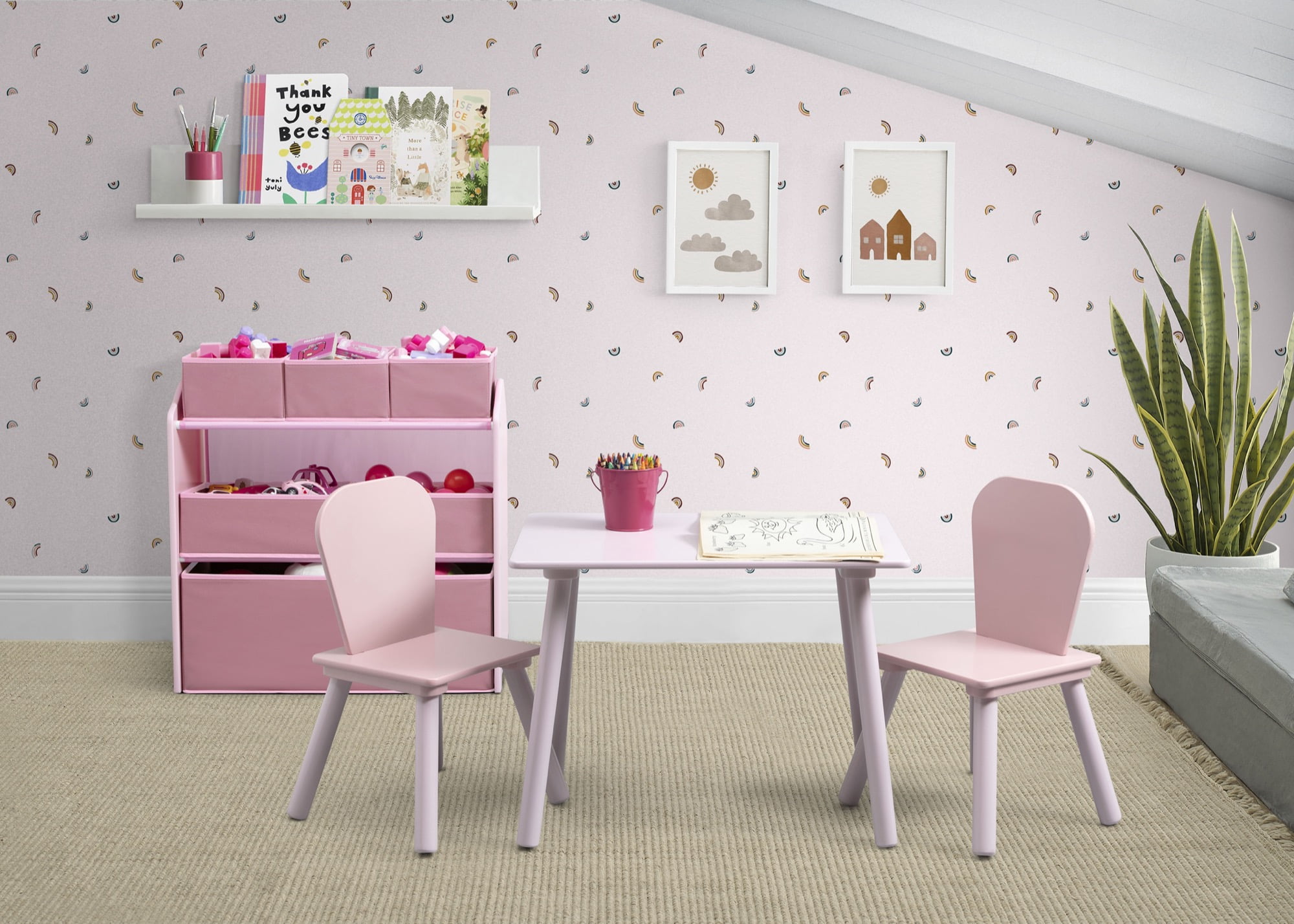 Delta Children Toddler Playroom Set: Table, 2 Chairs & 6 Bin Organizer with Stickers, Pink