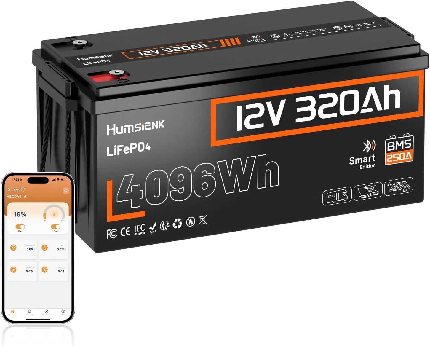 HumsiENK LiFePO4 Batterie 12V 320Ah mit Bluetooth