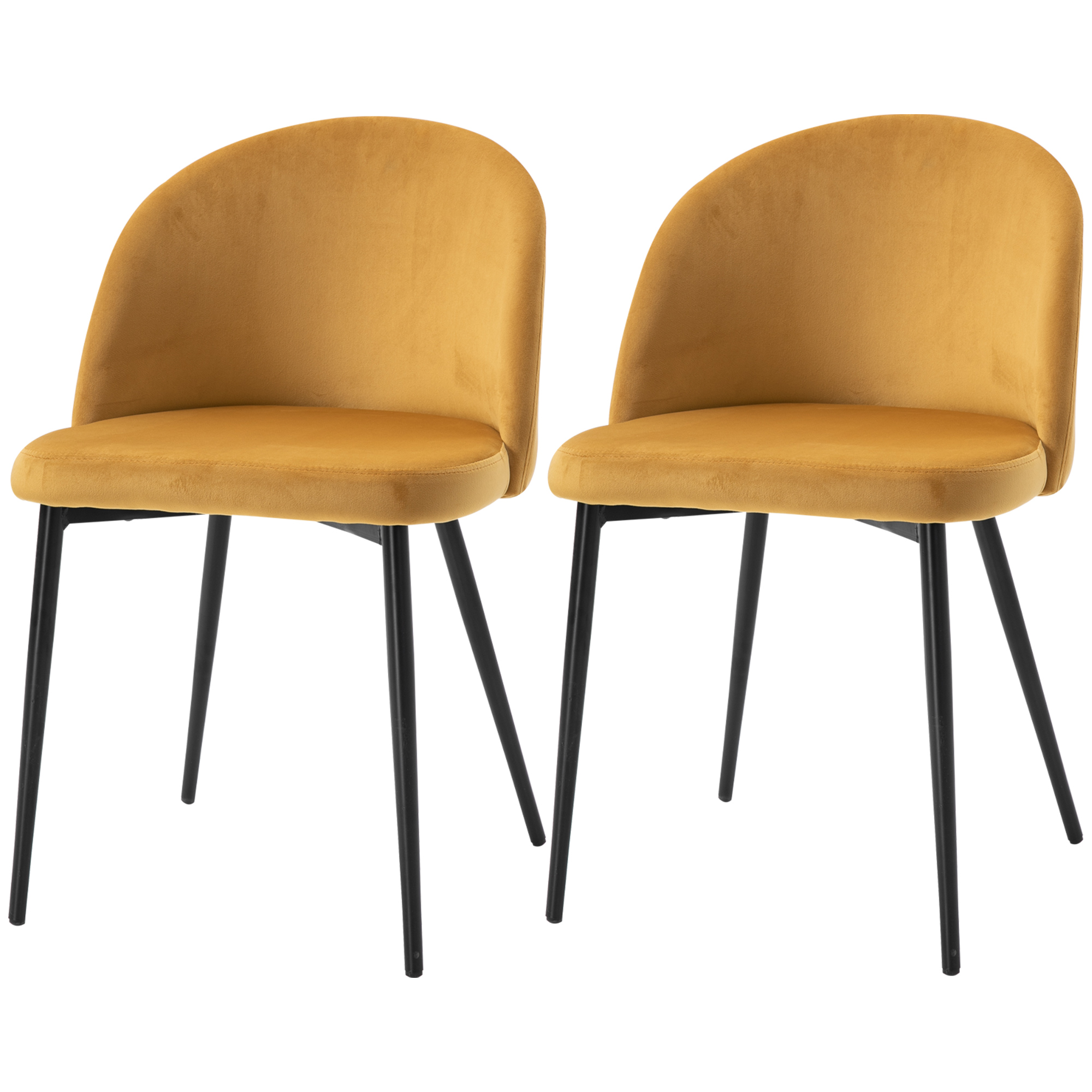 HOMCOM Set mit 2 Esszimmerstühlen, skandinavischer Küchenstuhl aus gepolstertem Velours mit schlanken Metallbeinen, für Wohnzimmer, Esszimmer, gelb