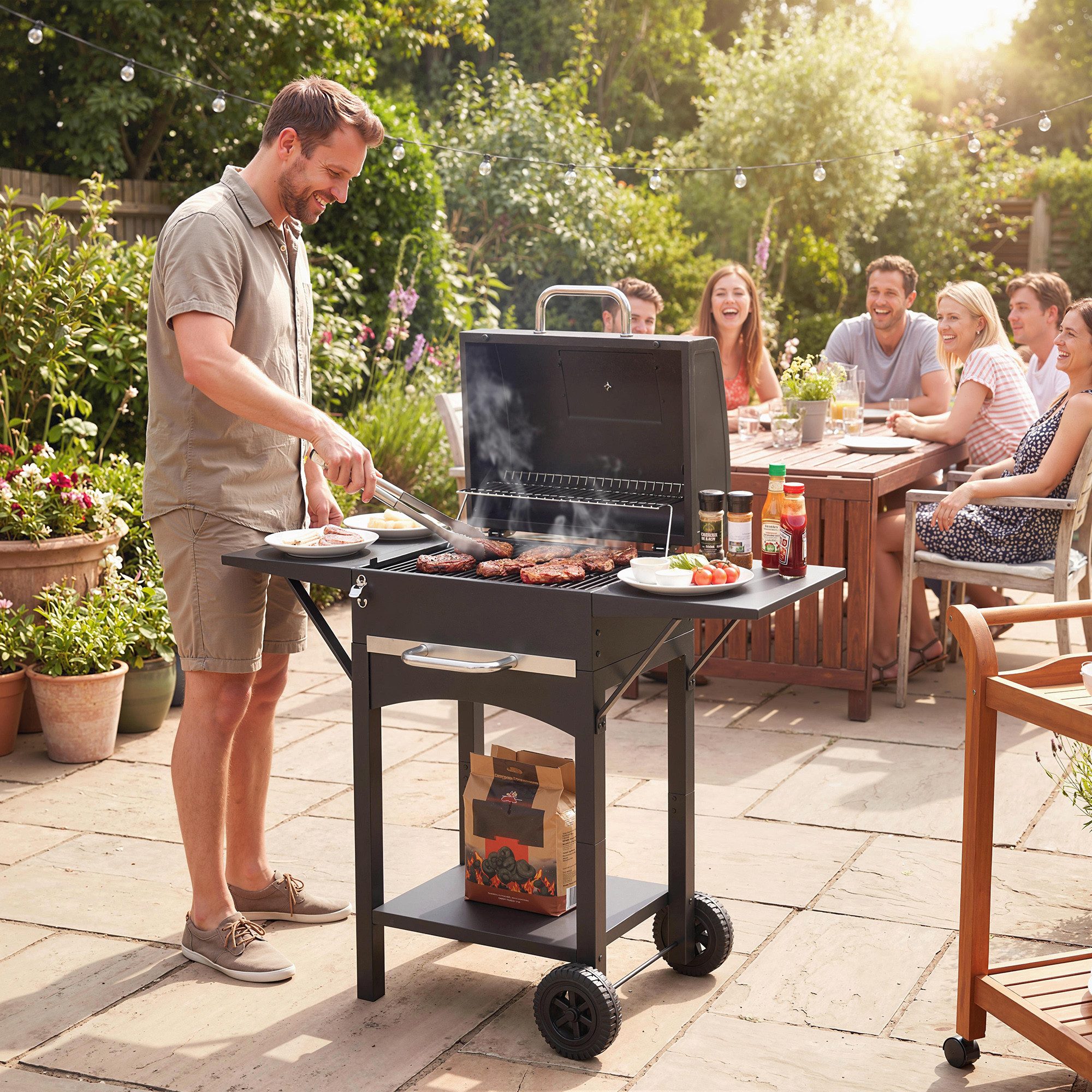 Holzkohlegrill mit 2 Seitentischen, Große Grillfläche, Grillrost, Thermometer, Räder