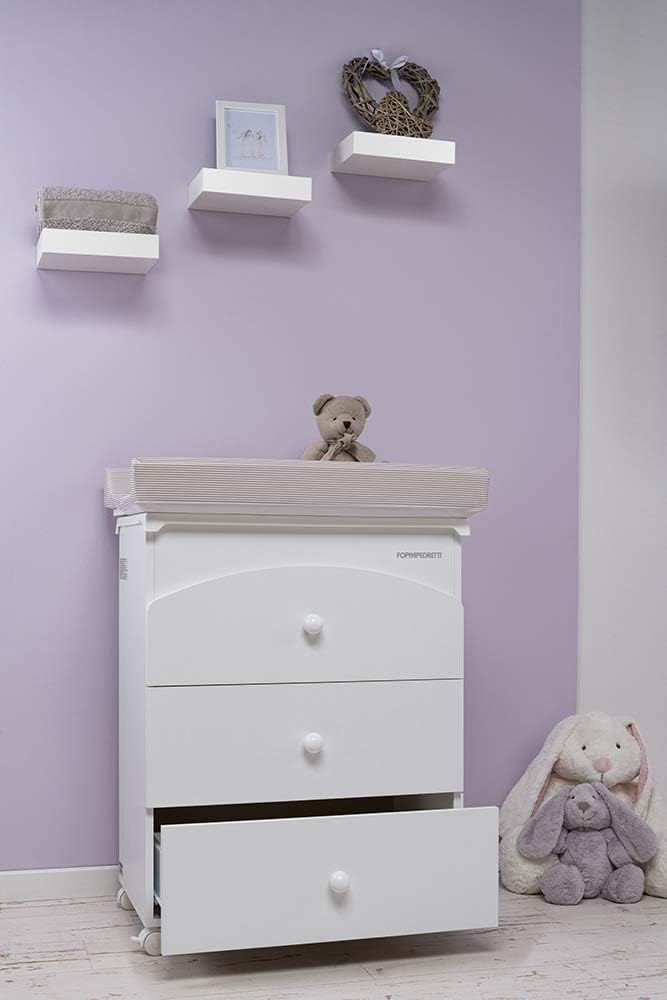 Foppapedretti Bagnetto Fasciatoio IlBagnetto, Legno, Made in Italy, 3 Cassetti, Piano Fasciatoio Ribaltabile, Vaschetta Anatomica Estraibile, 4 ruote, Materissani Incluso, 89x46x69 cm, Bianco