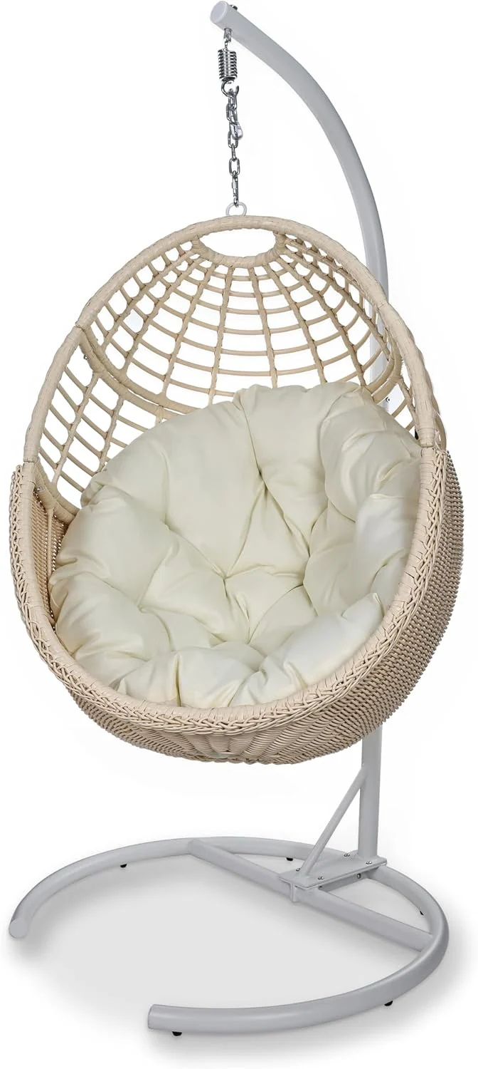 Korb Hängesessel mit Gestell: Wetterfestes Handgeflochtene PE-Rattan Schwebesessel mit Standfuß, Beige