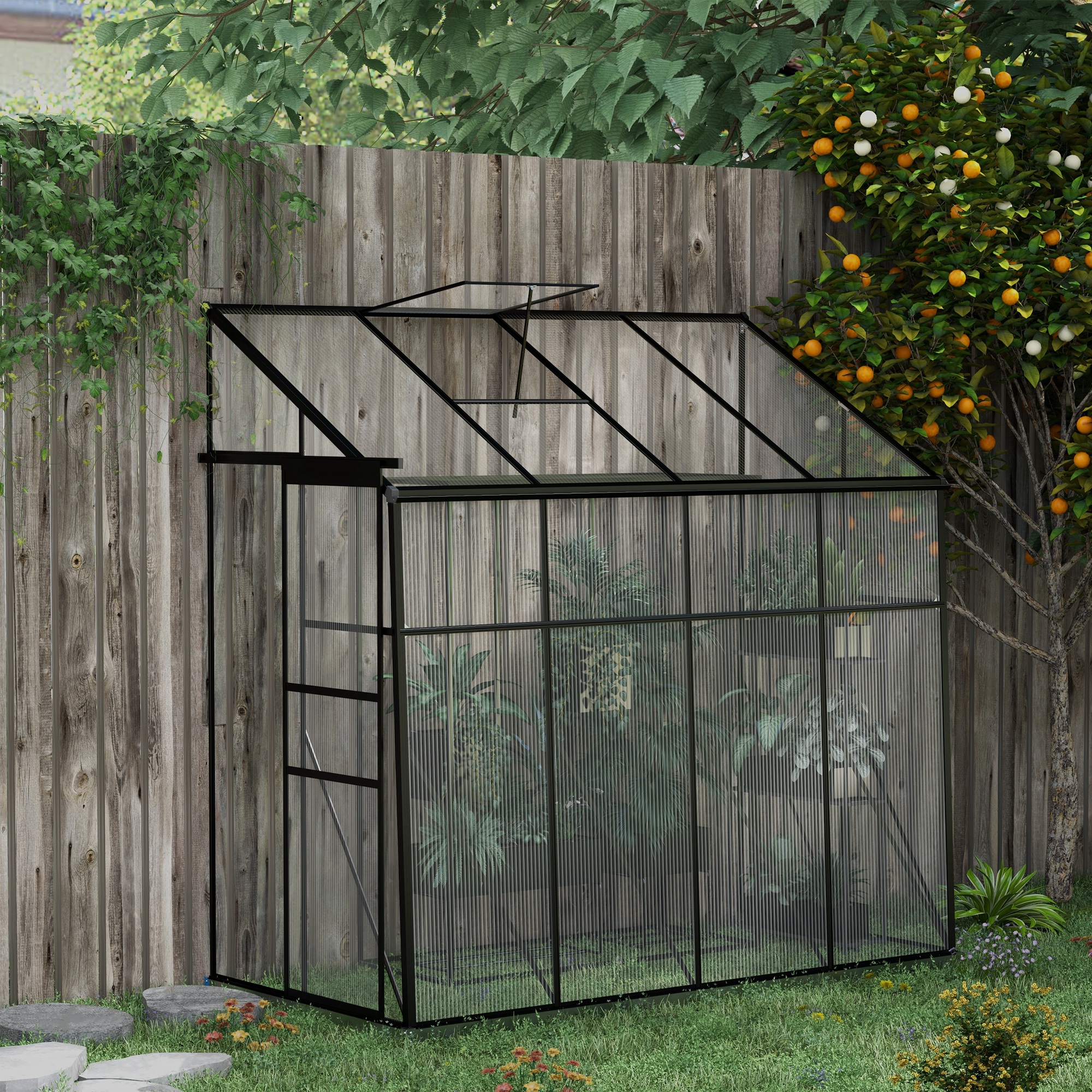 Outsunny Angelehntes Gewächshaus, Garten-Gewächshaus aus Polycarbonat, mit Schiebetür, verstellbarem Dachfenster, Basis, 127 x 253 x 240 cm Schwarz