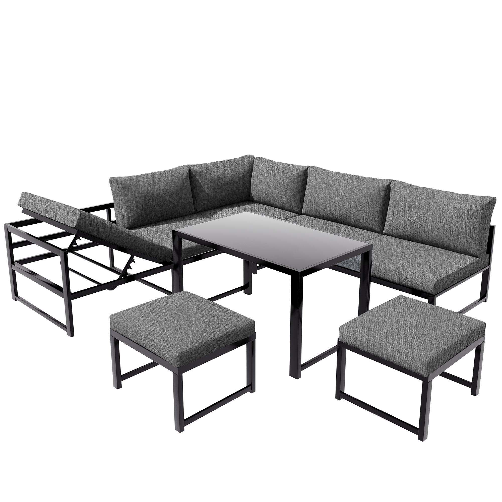 5-teiliges Gartenmöbel-Set, Sitzgruppe mit verstellbarer Rückenlehne, Schwarz+Grau