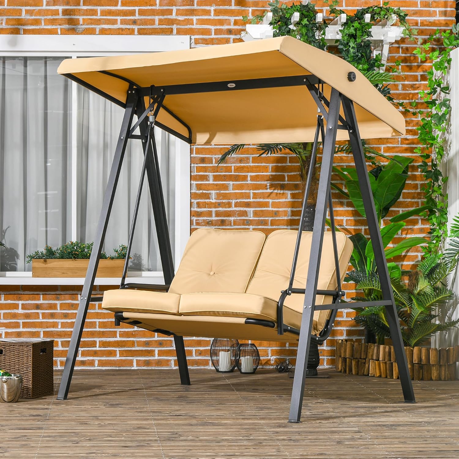 Outsunny Outdoor Swing Chair with Adjustable Canopy and Cushions, 2 Seater Steel and Teslin Fabric Rocking Chair 138 x 106 x 174 cm, Beige
