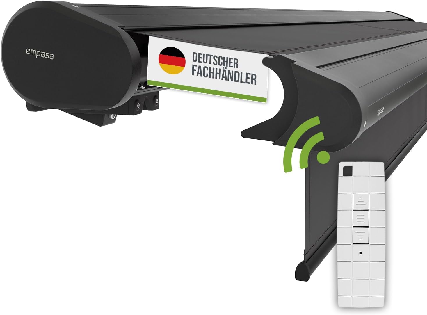 empasa Elektrische Vollkassettenmarkise 'Premium' Kassettenmarkise Gelenkarmmarkise Markise Sonnenschutz mit manuell ausfahrbarem Volant, komplett vormontiert, Farbe:anthrazit, Größe:4 x 3 m