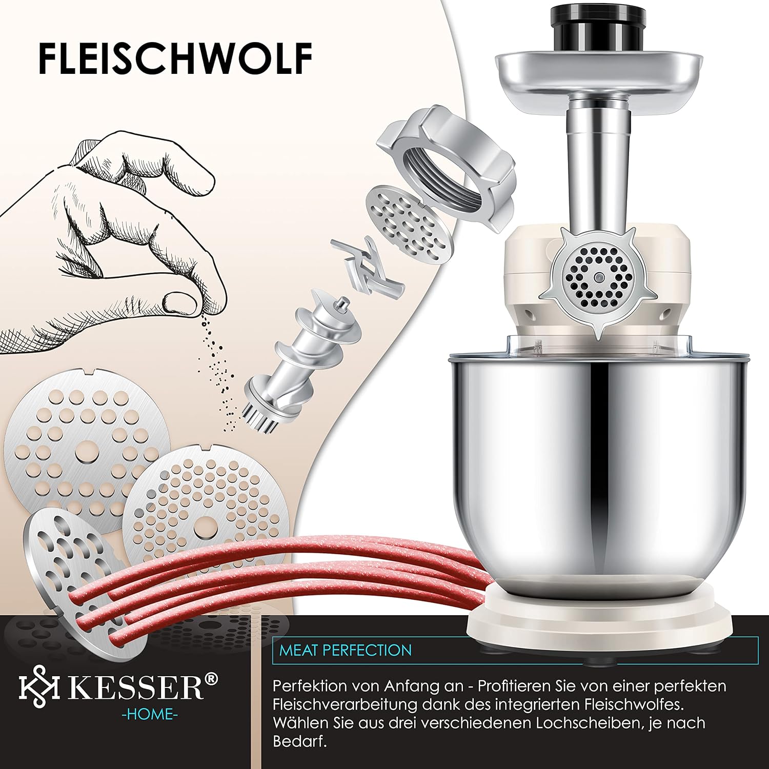 KESSER® 3 in 1 Universal Küchenmaschine K-KM 3000 mit Fleischwolf Knetmaschine Multifunktionale Rührmaschine 5,5L Schüssel mit 3 Rührwerkzeuge, 1,5L Entsafter, Zubehör-Set, Pasta & Gebäckformen