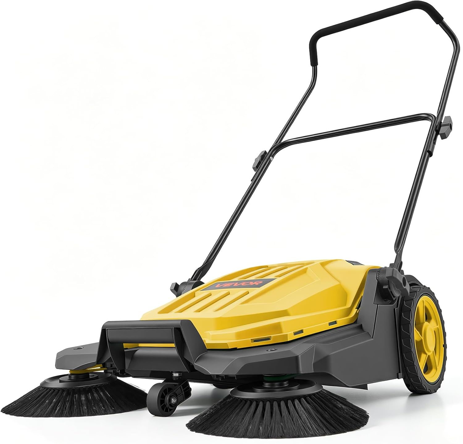 VEVOR Spazzatrice Manuale a Spinta da Giardino, Spazzarifiuti non Elettrica con Larghezza Pulizia 650 mm, Contenitore da 18,9 Litri e Manico Pieghevole Regolabile, Colore Giallo, per Cortili Garage