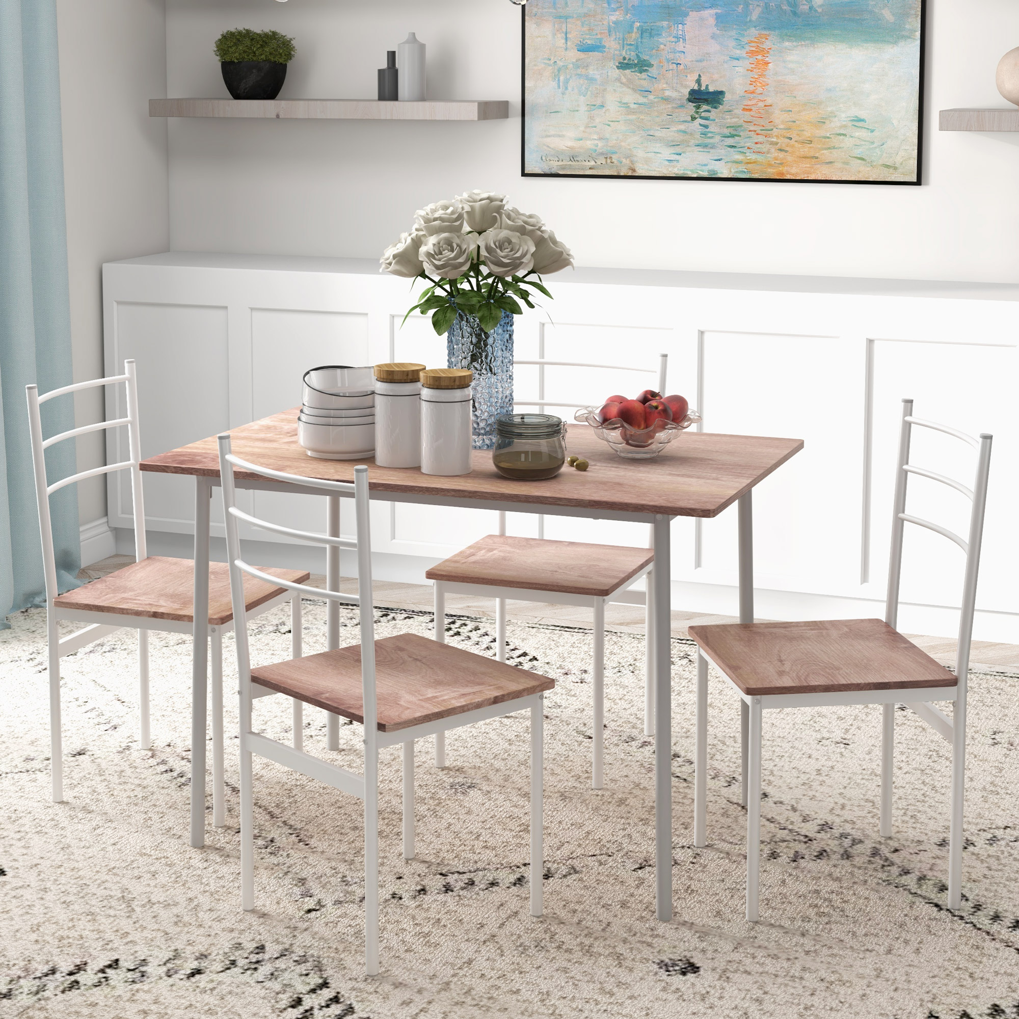 5-delige Eetgroep Eettafel met Stoelen Zitgroep, Modern Ontwerp, Natuur + Wit