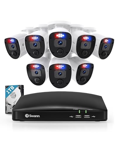 Swann   Sistema di telecamere di sicurezza DVR per la casa con disco rigido da 1 TB, fotocamera a 8 canali, video 1080p, CCTV di sorveglianza con cavo per interni o esterni, visione notturna : Elettronica