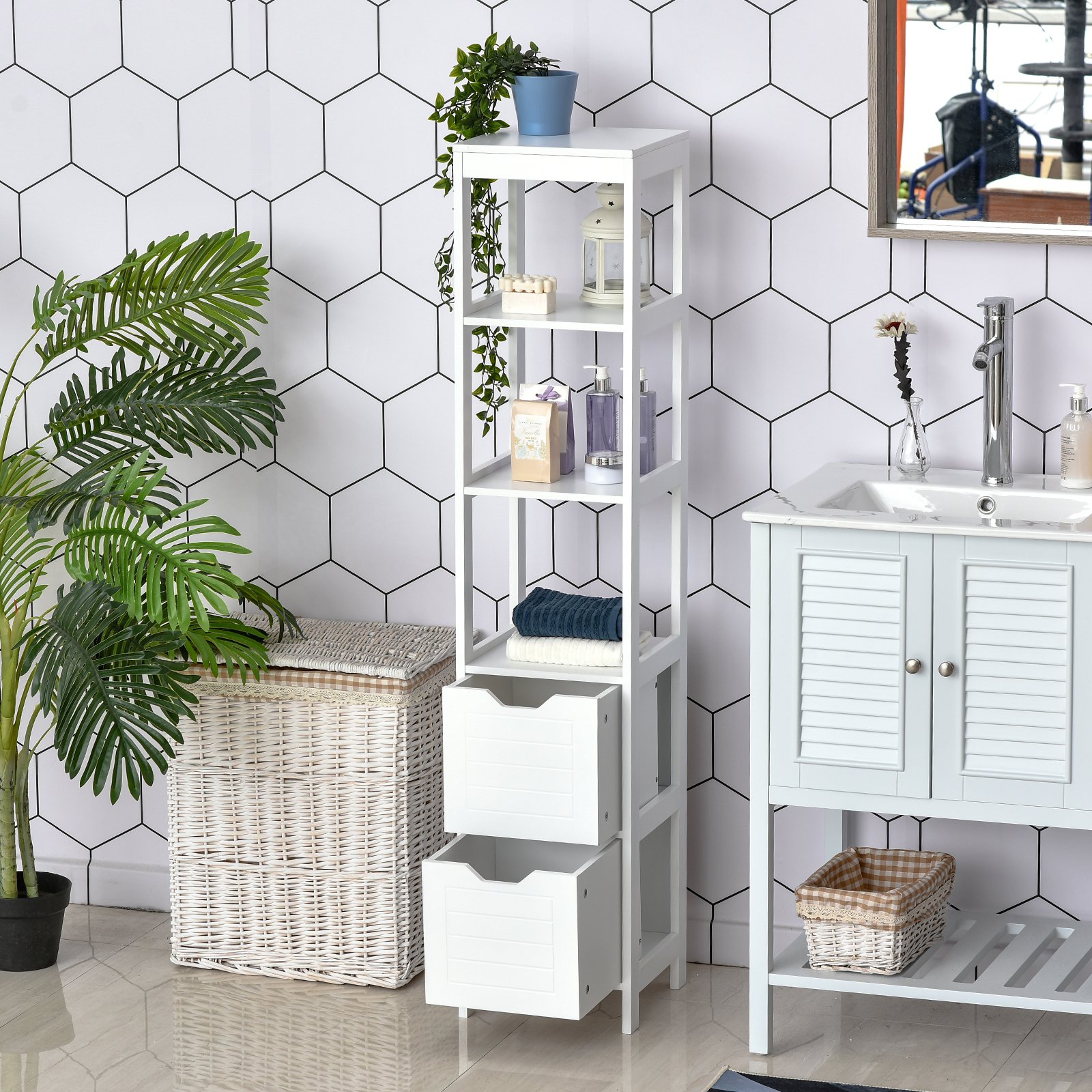kleankin® Badezimmerregal Badeschrank Küchenschrank mit 1 Schränke 3 offene Regale MDF