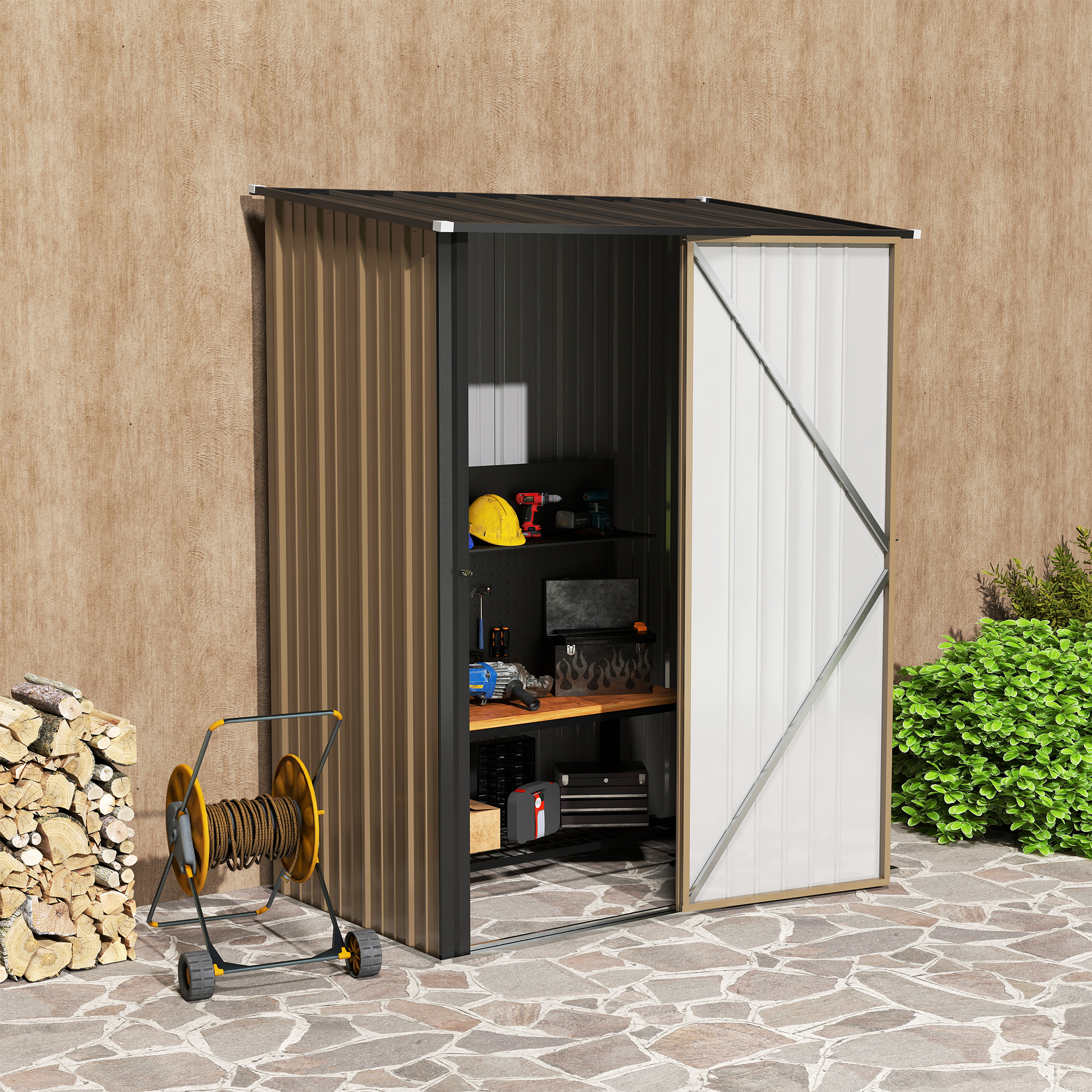 Outsunny Gerätehaus 1,34 m² Geräteschrank mit Pultdach abschließbar Gartenhaus Geräteschuppen aus verzinkter Stahl 161,5 x 94,5 x 196 cm Braun