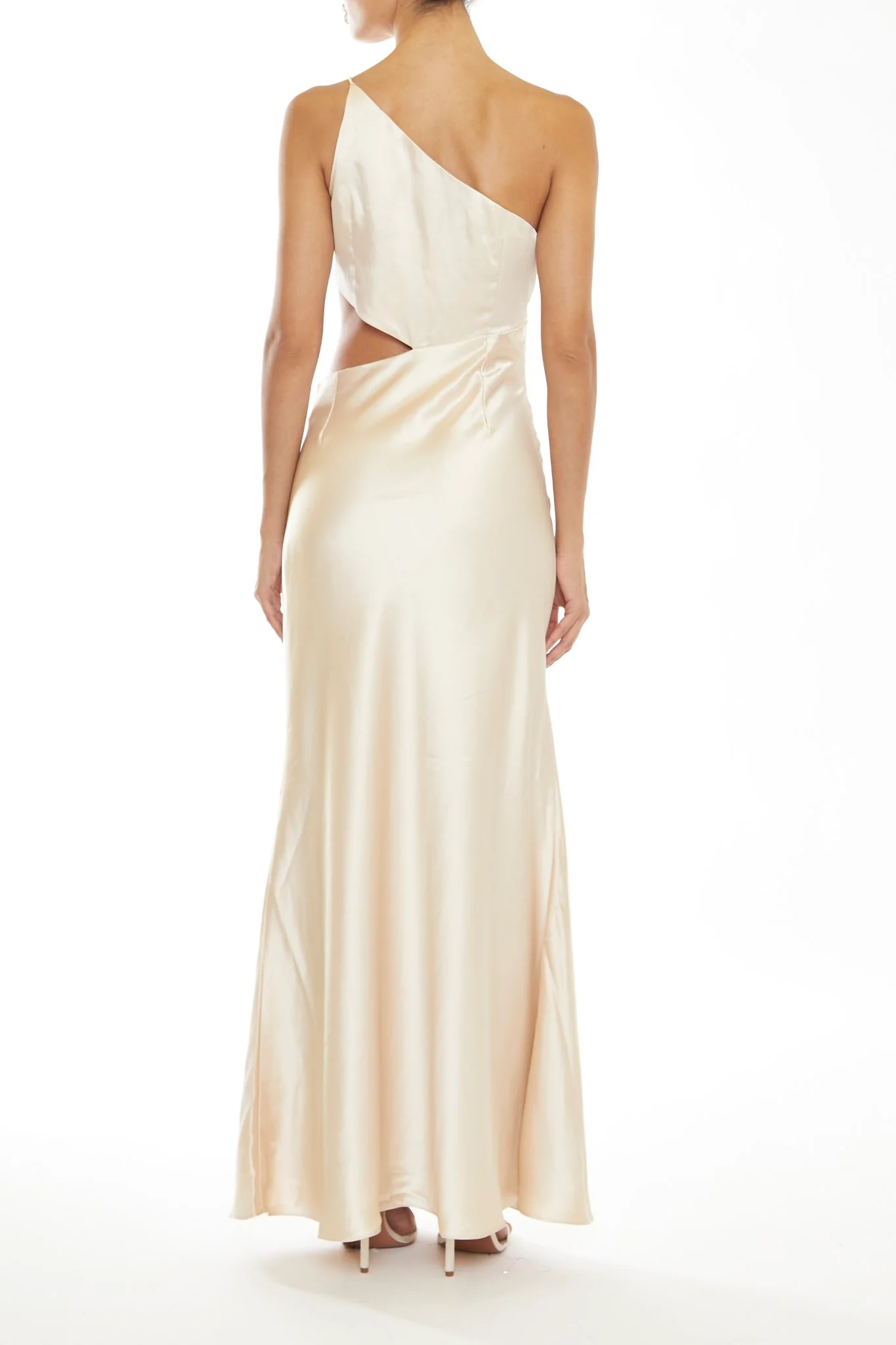 Elena Pale-Stone Asymmetric Cut-Out Satin Bridesmaid Maxi-Dress