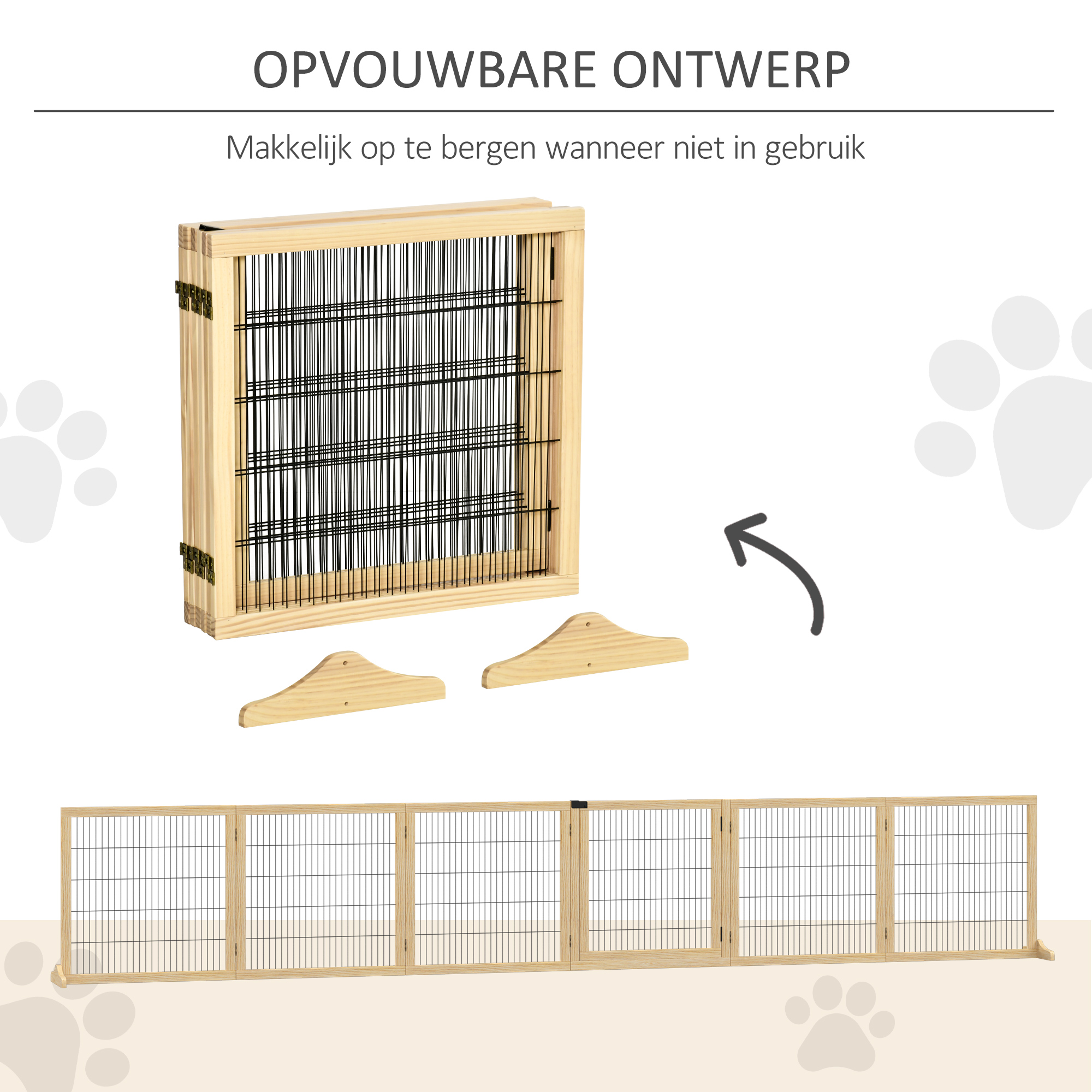 PawHut Hondenhekje, gemaakt van opvouwbaar grenenhout, 432 x 36 x 70 cm, natuurlijke uitstraling