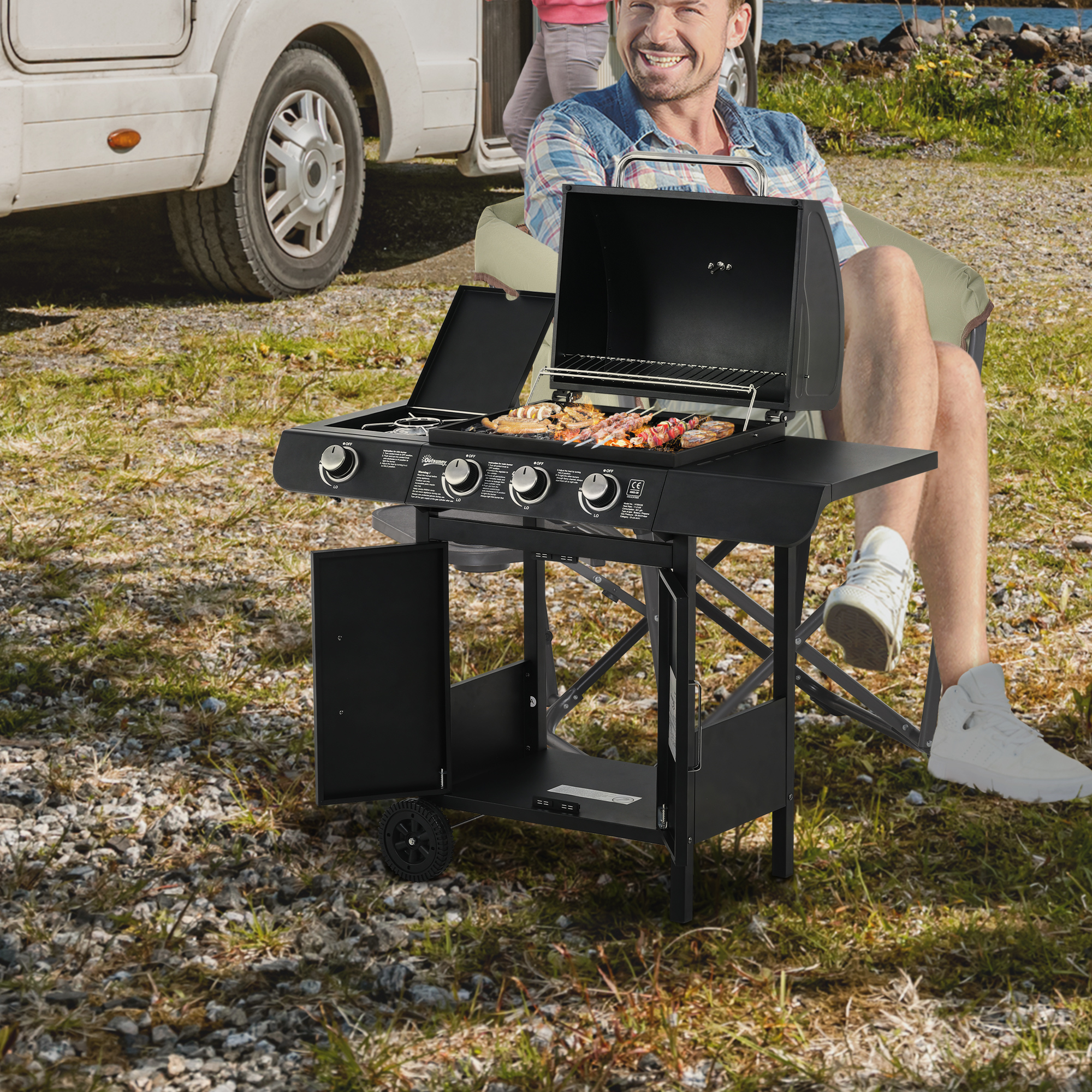 Outsunny Gasgrill mit 3 Hauptbrennern + 1 Seitenbrenner, Ablage, rostfreier Stahl, schwarz, 110 x 50 x 100 cm