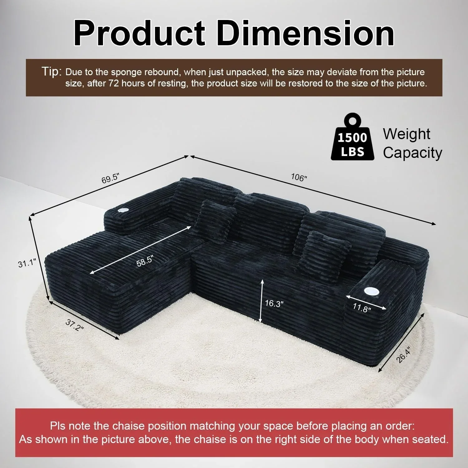 Cloud section sofa with L-shaped recliner modern modular sofa built-in cup holder