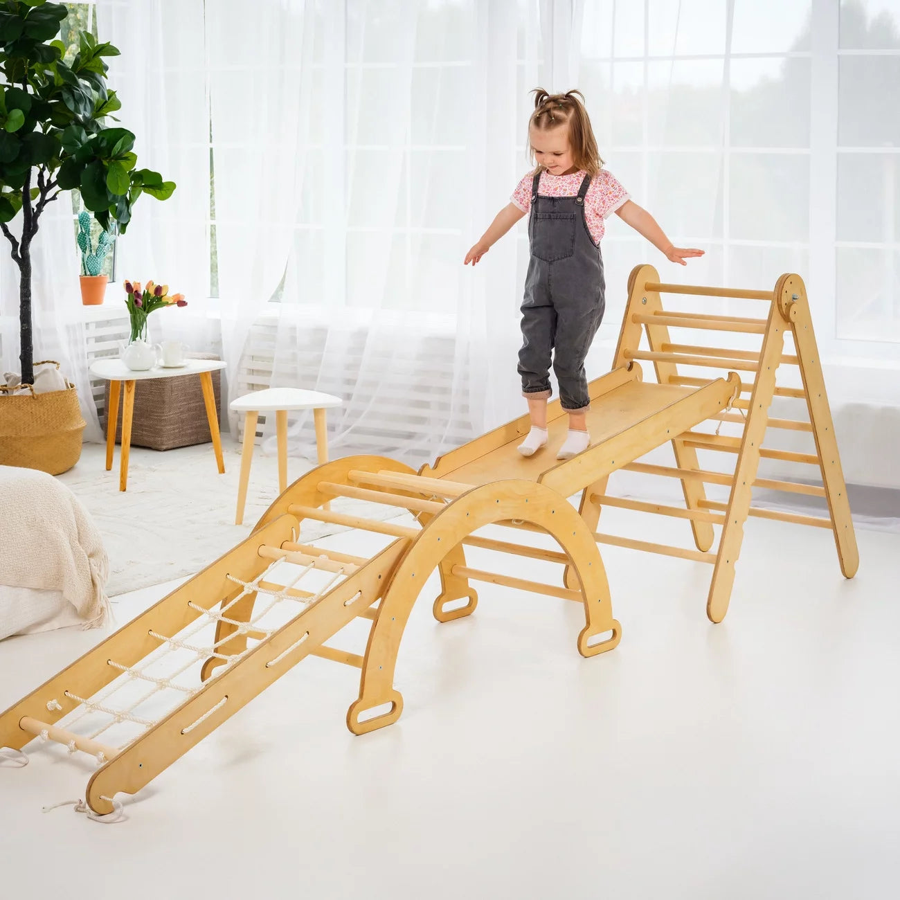 Goodevas 4 in 1 Montessori Indoor Playground for Kids 1 7: Foldable Triangle Ladder, Climbing Arch, Slide Board & Spider Net