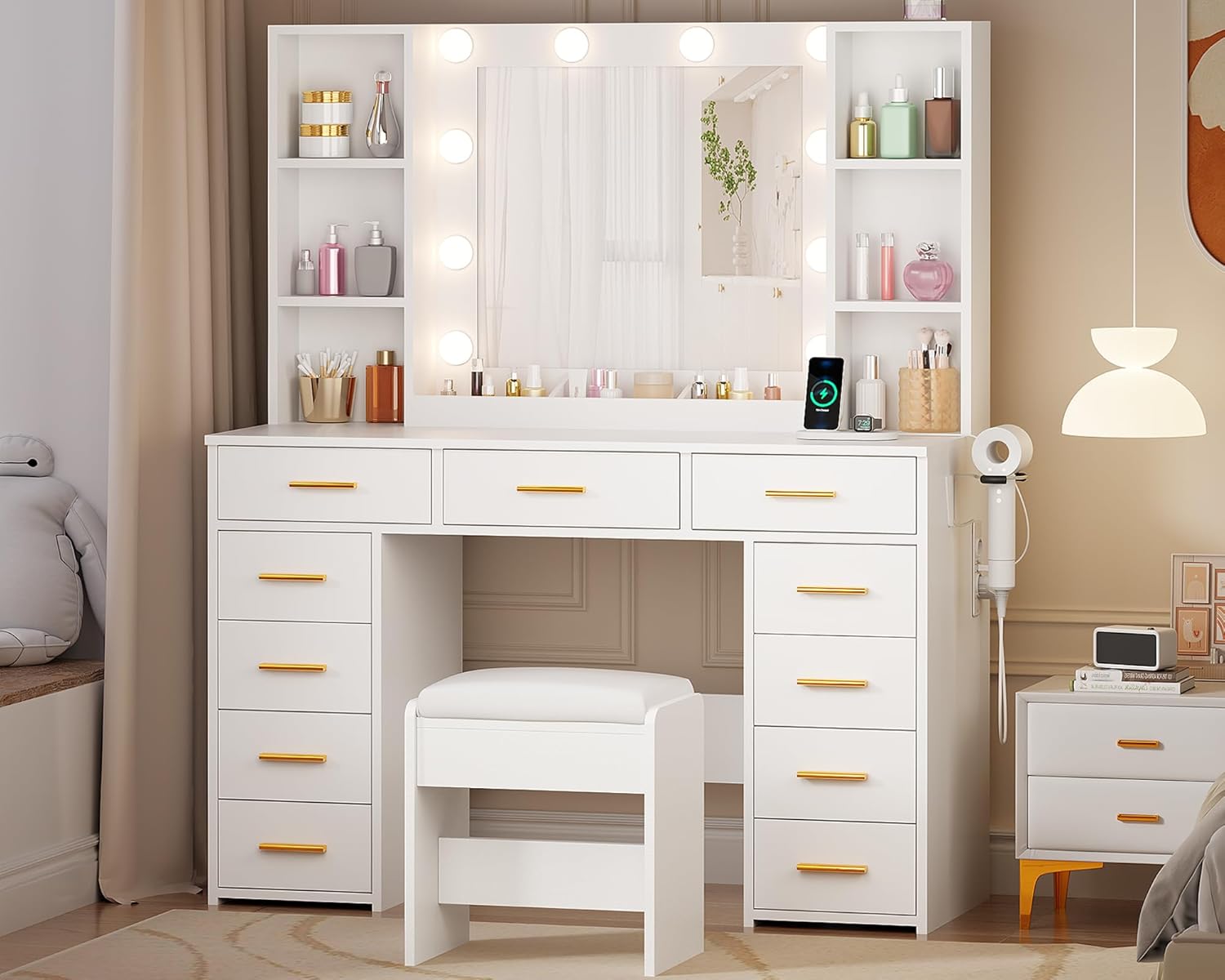 ANWBROAD BDT86W 110 cm Makeup Dressing Table with Mirror Lights and Socket, Adjustable Brightness, Make-up Dressing Table with Stool 11 Drawers Large Makeup Table with 6 Open Shelves White Makeup