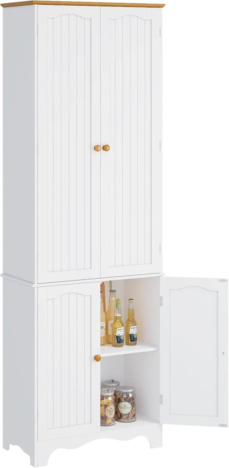Tall Pantry Cabinet, Freestanding Storage Cabinet, Wooden Kitchen Pantry with 4 Doors and 5 Shelves, 72