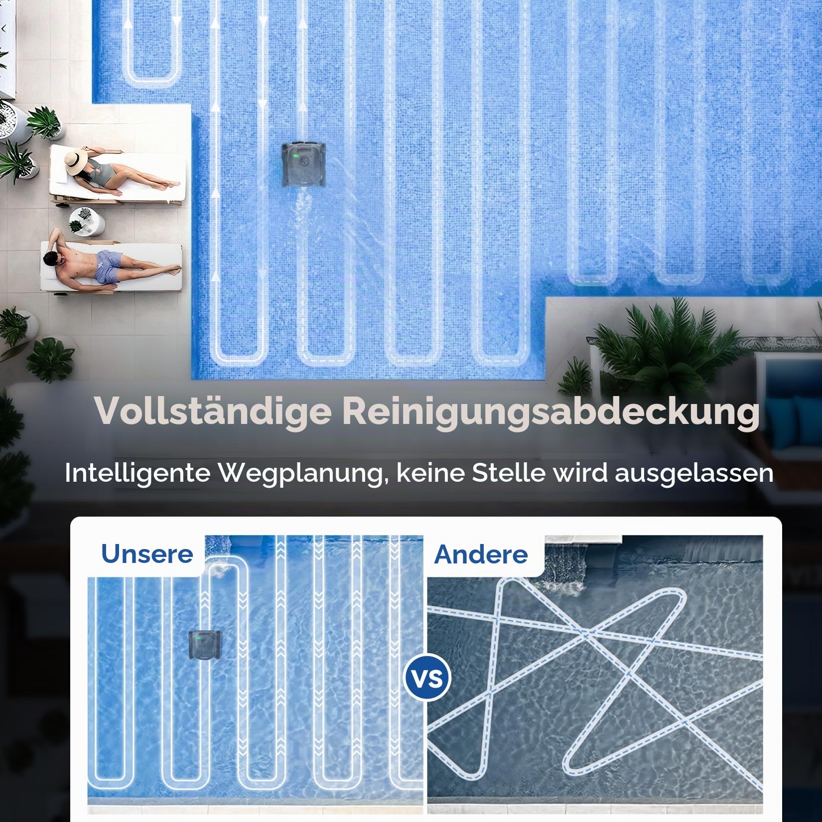 Akku Poolroboter AtlasRobo X5 für Wand, Boden und Wasserlinie, 21 m³/h Saugkraft, 180 Min Laufzeit, bis 300 m²